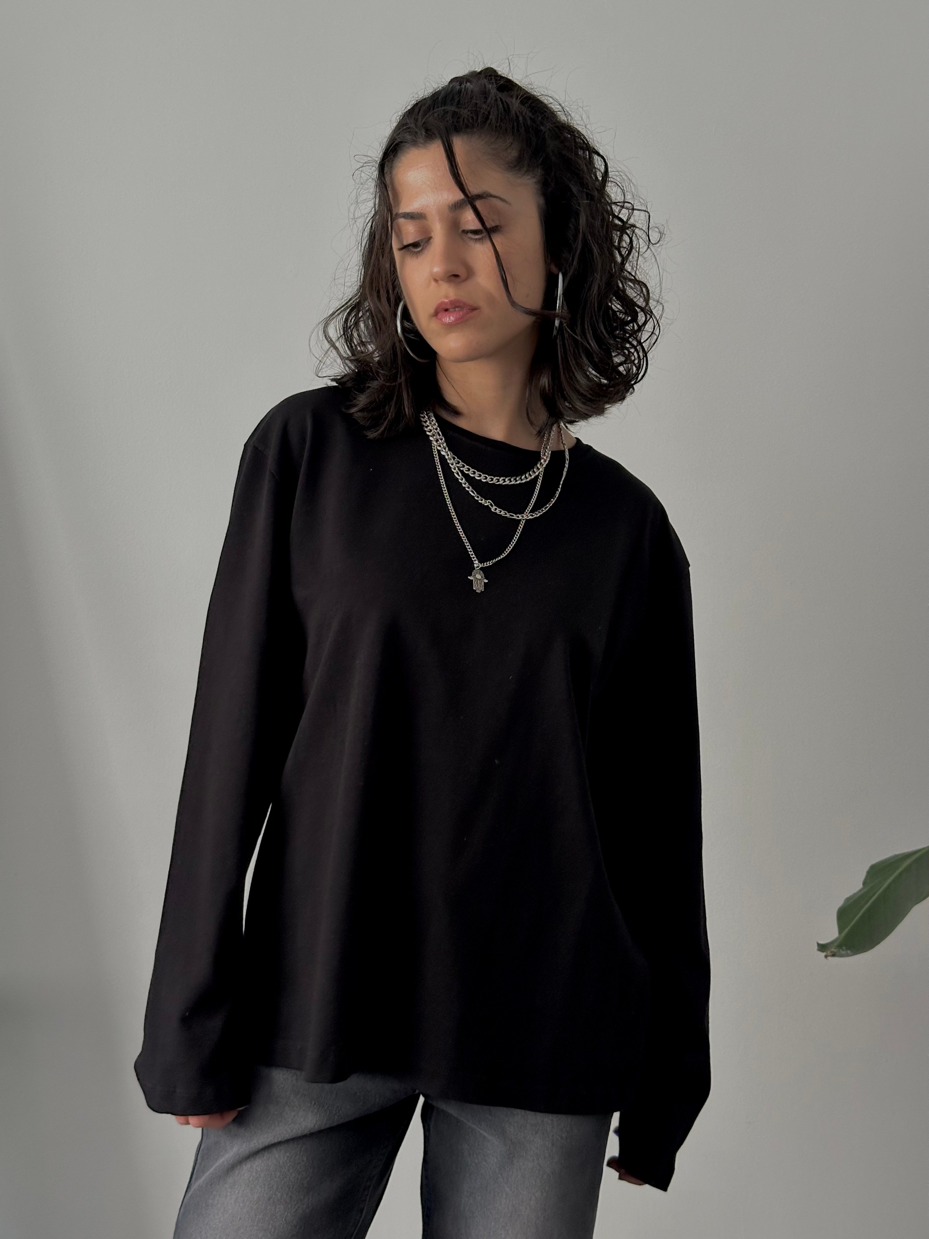 100% Cotton Oversize Basic Long Sleeve T-Shirt - Black
