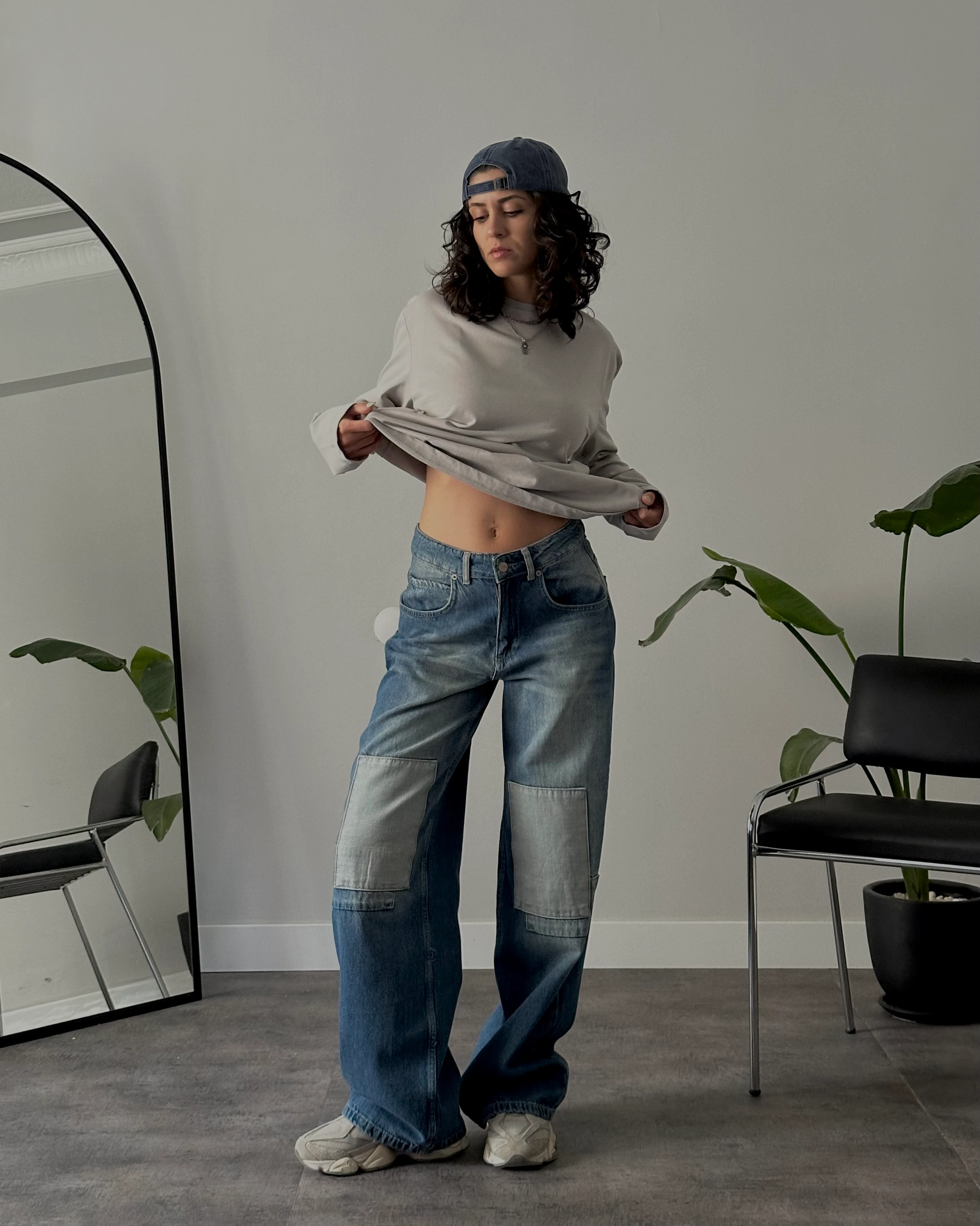 Yüksek Bel Mavi Dizi Yamalı Retro Baggy Jean