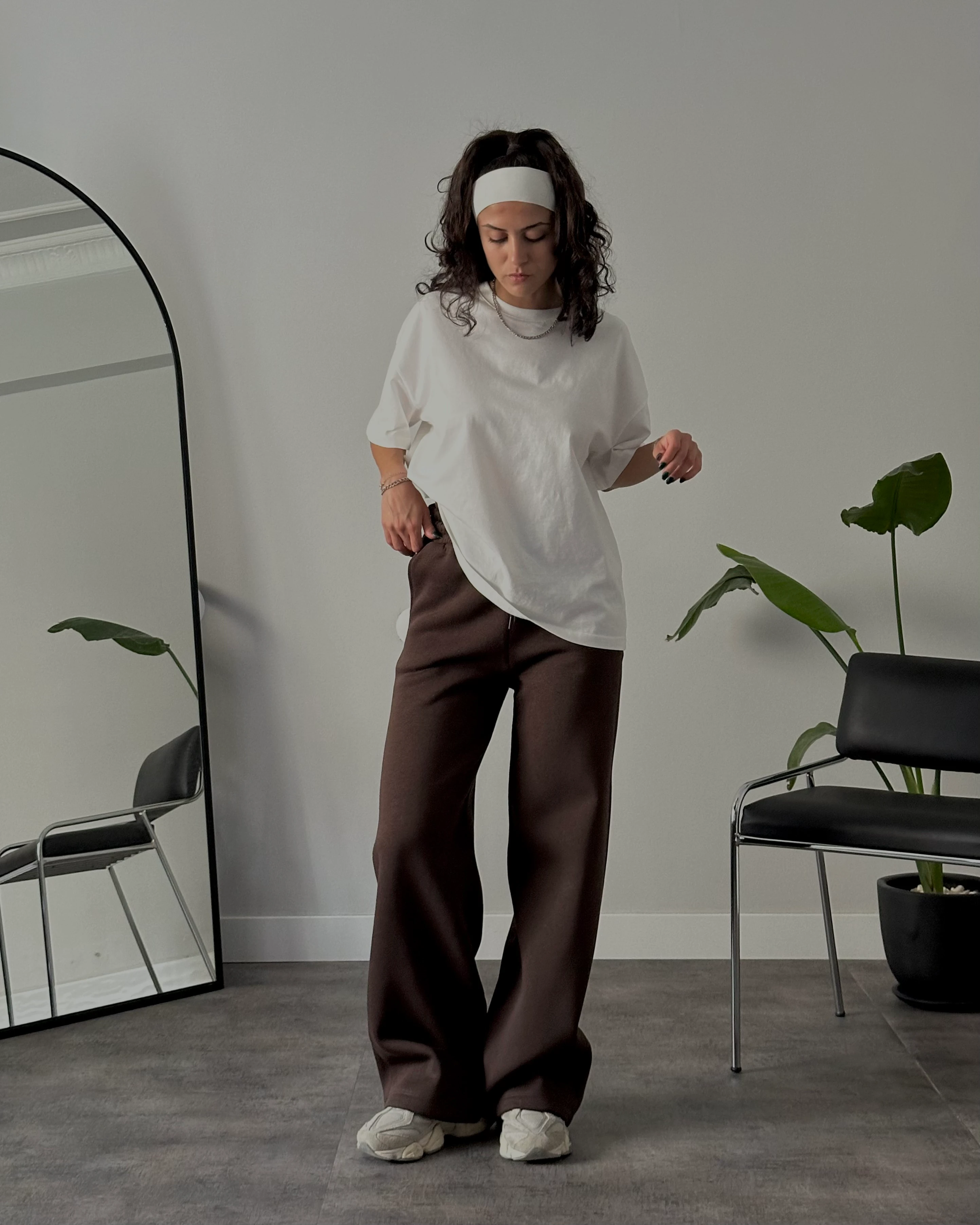 Yüksek Bel Şardonlu Rahat Kalıp Eşofman Altı - Kahverengi