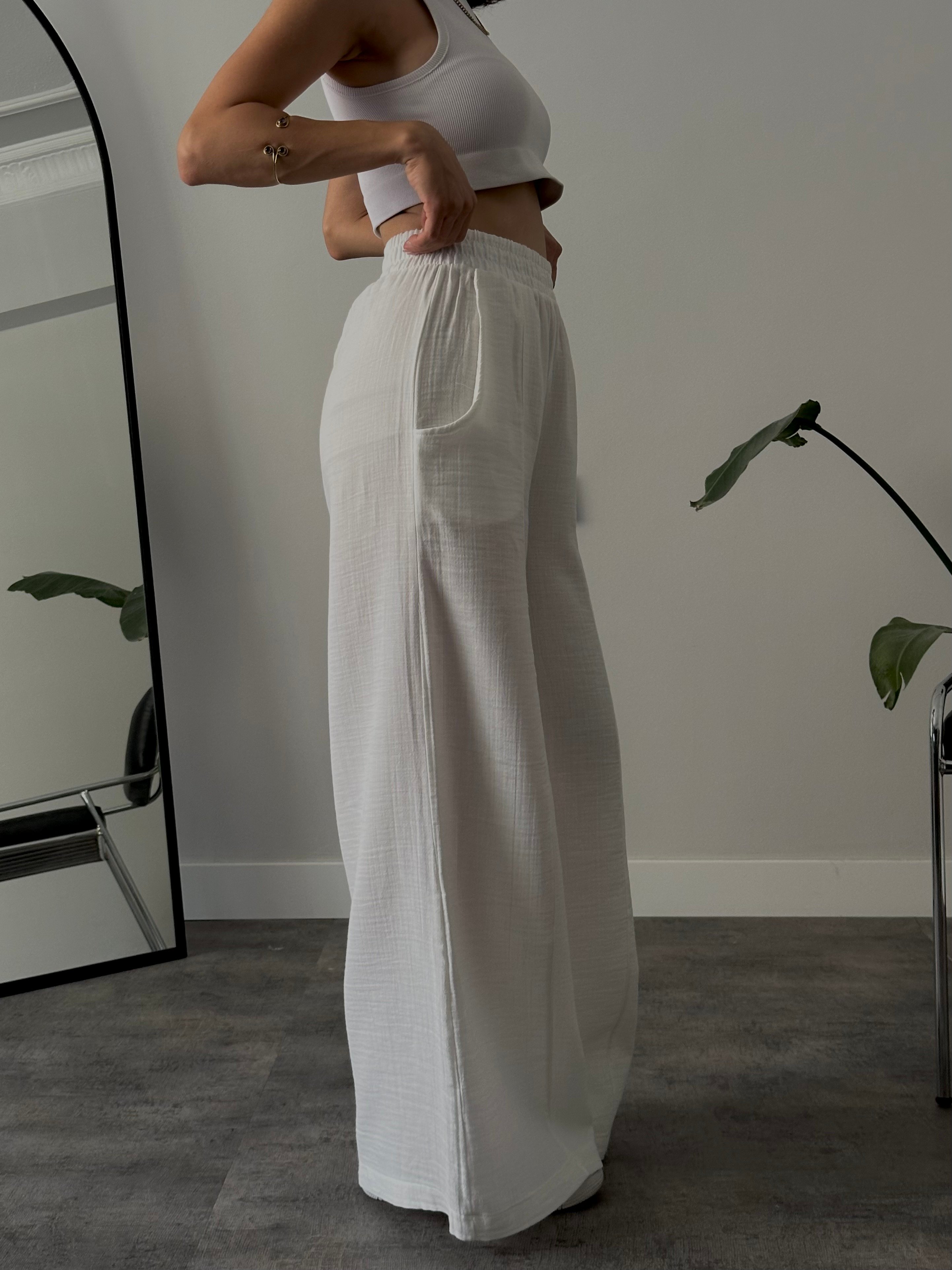 Yüksek Bel Wide Leg Müslin Pantolon - Beyaz