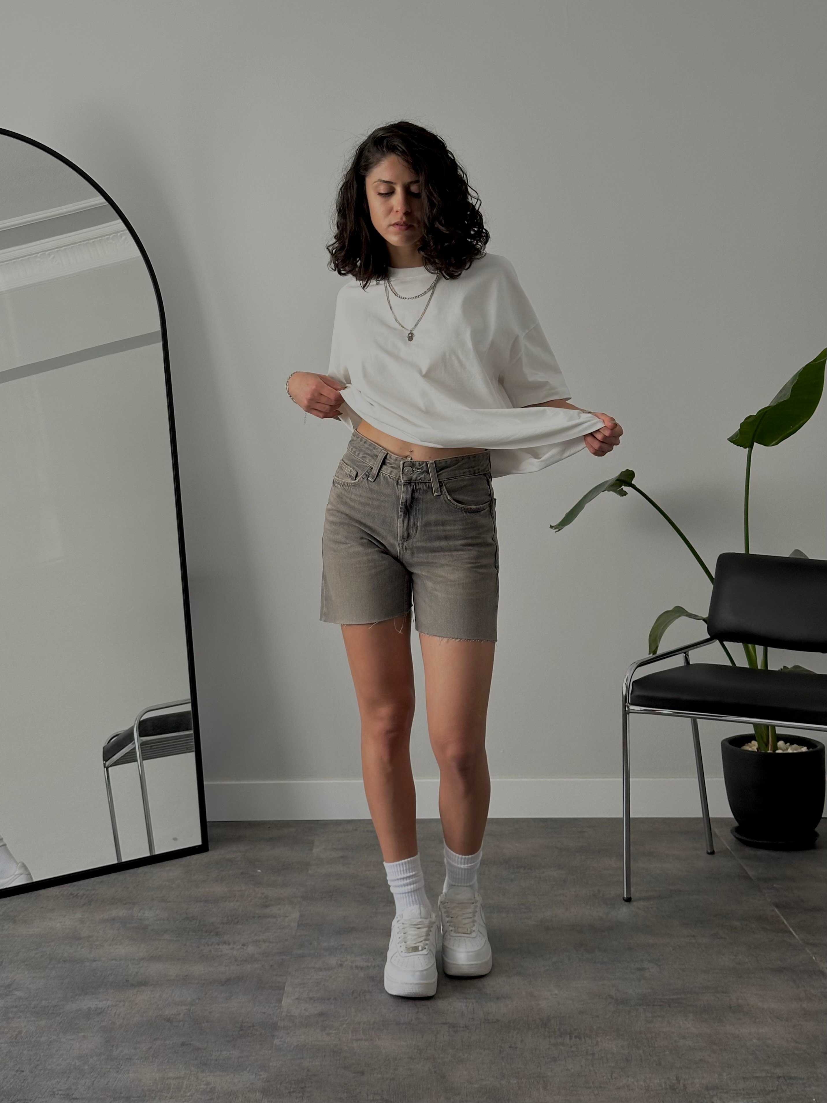 Yüksek Bel Denim Şort - Yıkamalı Kahverengi Denim