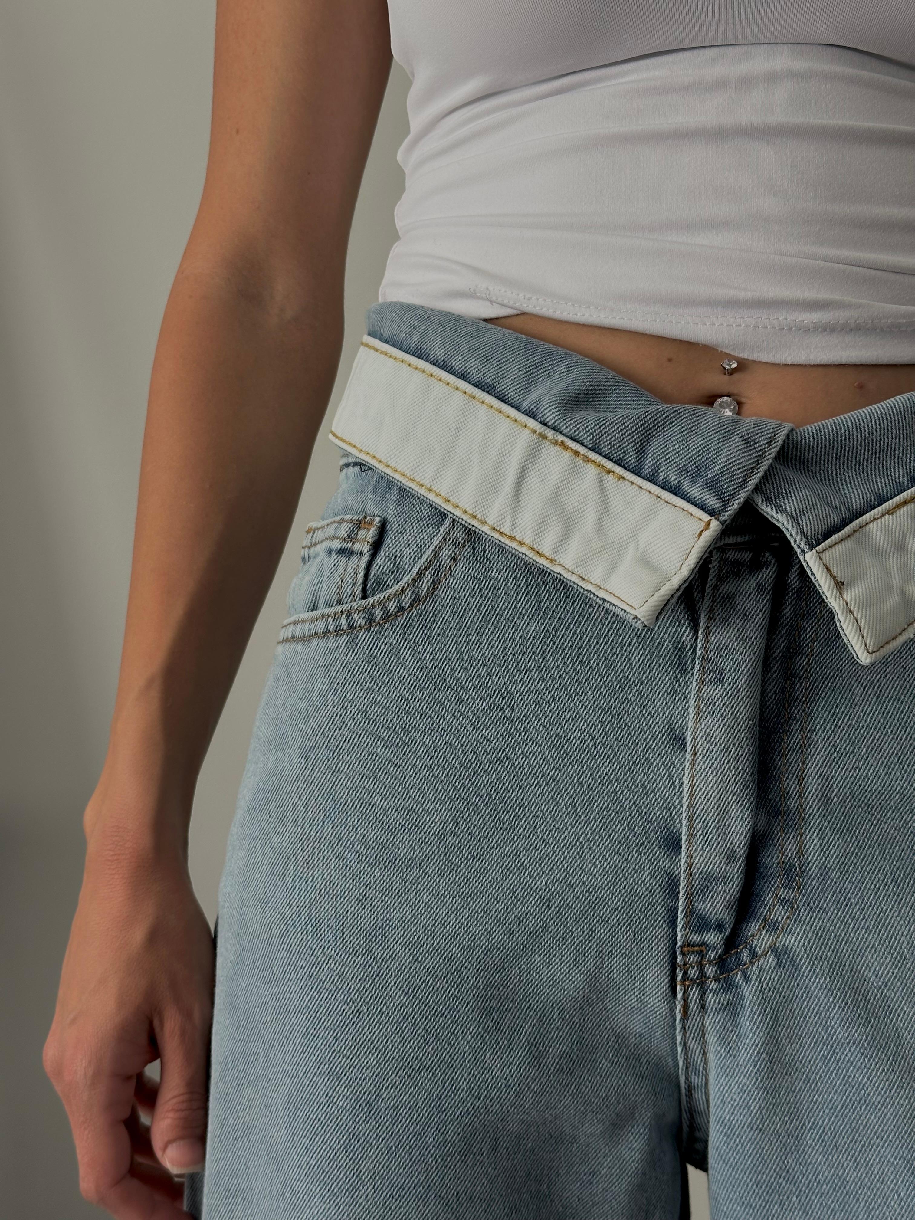 Yüksek Bel Ters Katlamalı Straight Jean