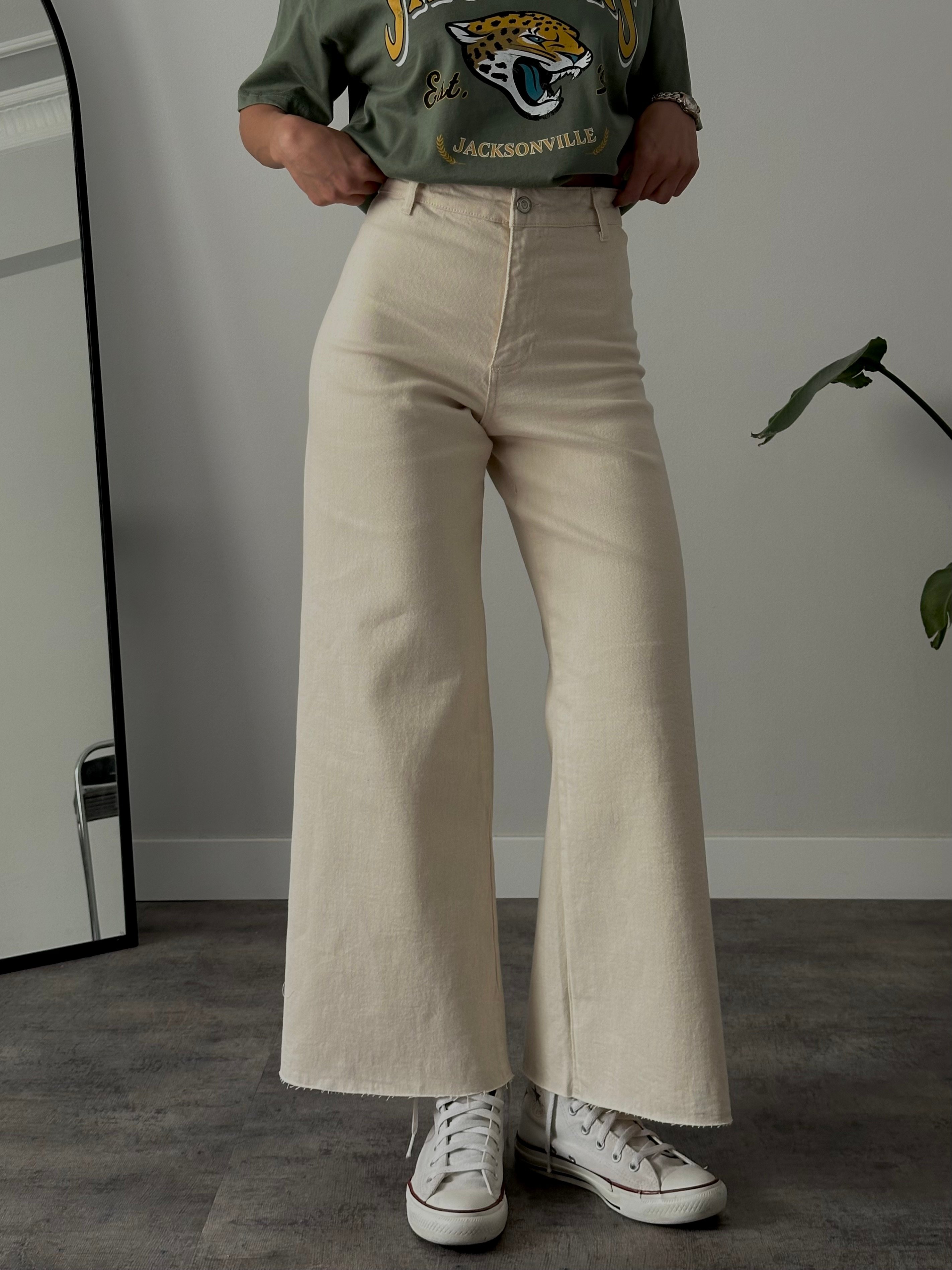 Yüksek Bel Wide Leg Jean - Ekru