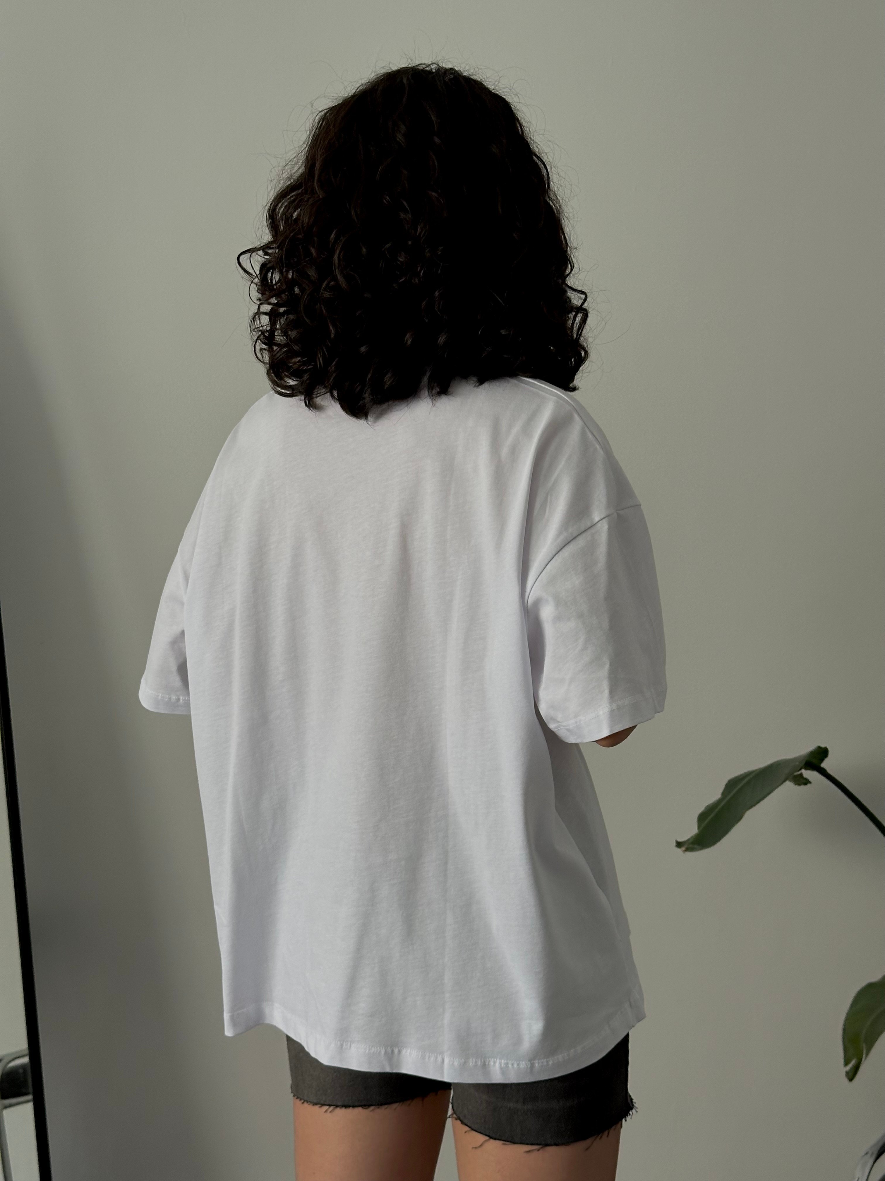 %100 Pamuk Oversize Baskılı Tişört - Beyaz