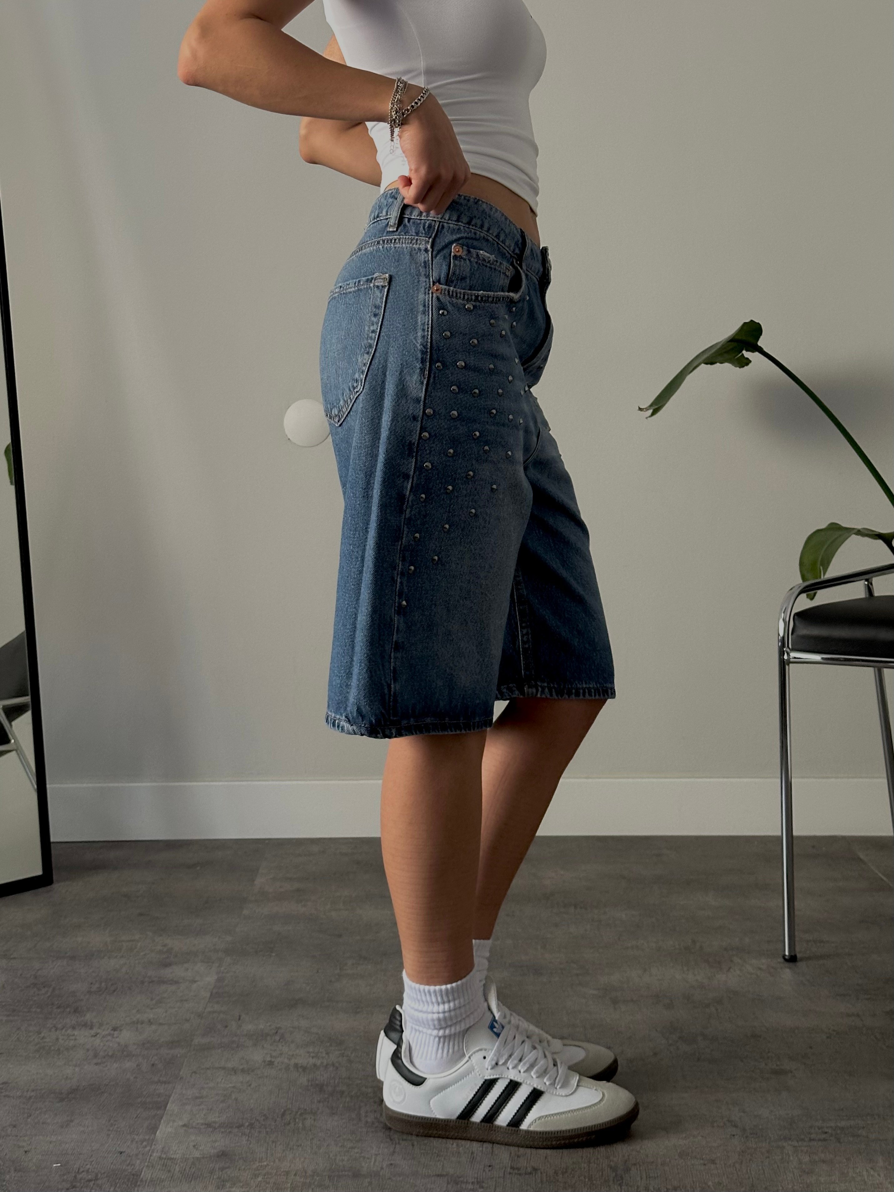 Zımba Detaylı Relaxed Fit Jort Denim Bermuda