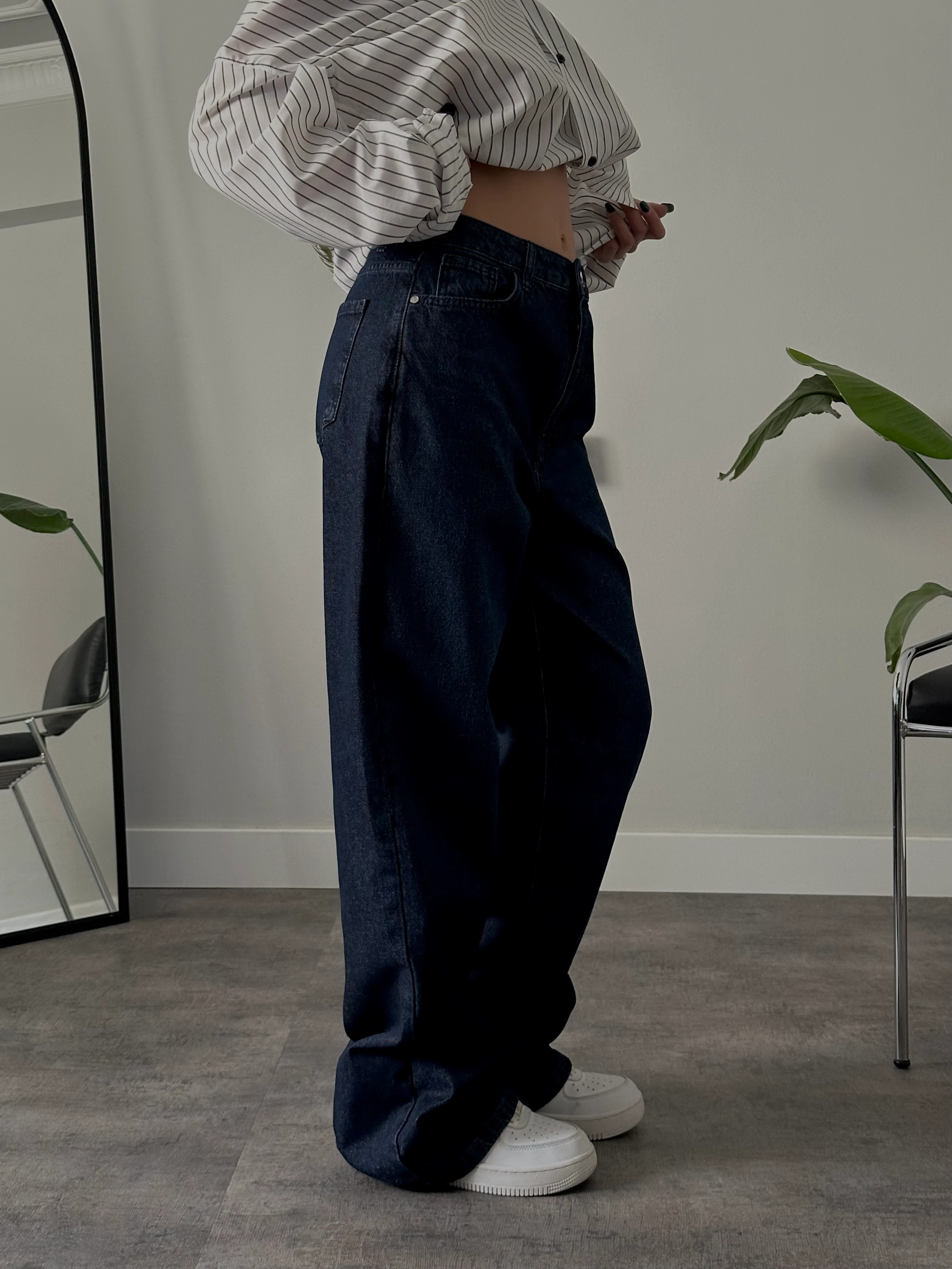 Yüksek Bel Koyu Mavi Wide Leg Flare Jean