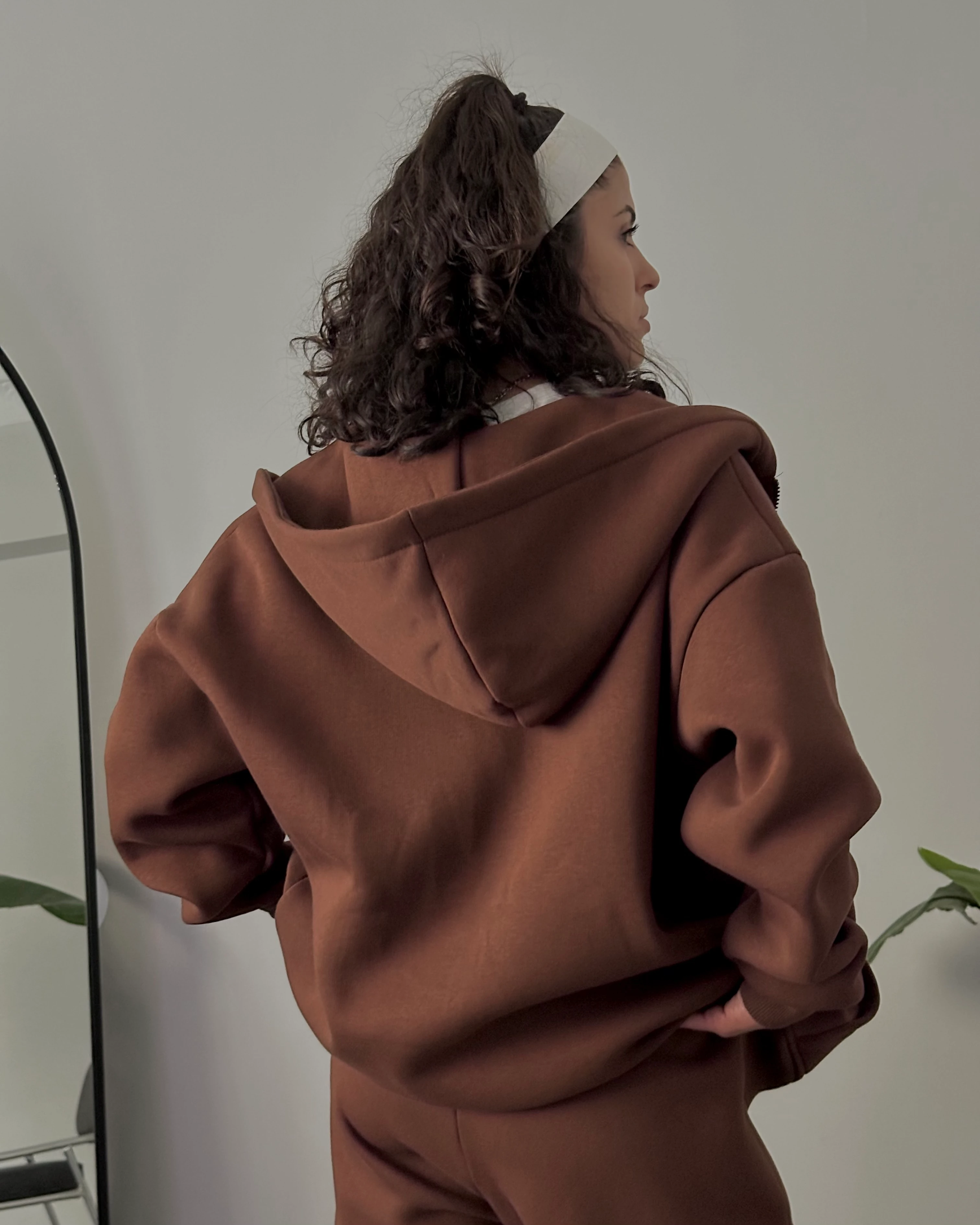 Fermuarlı Kapüşonlu Oversize Kadın Sweatshirt - Kahverengi
