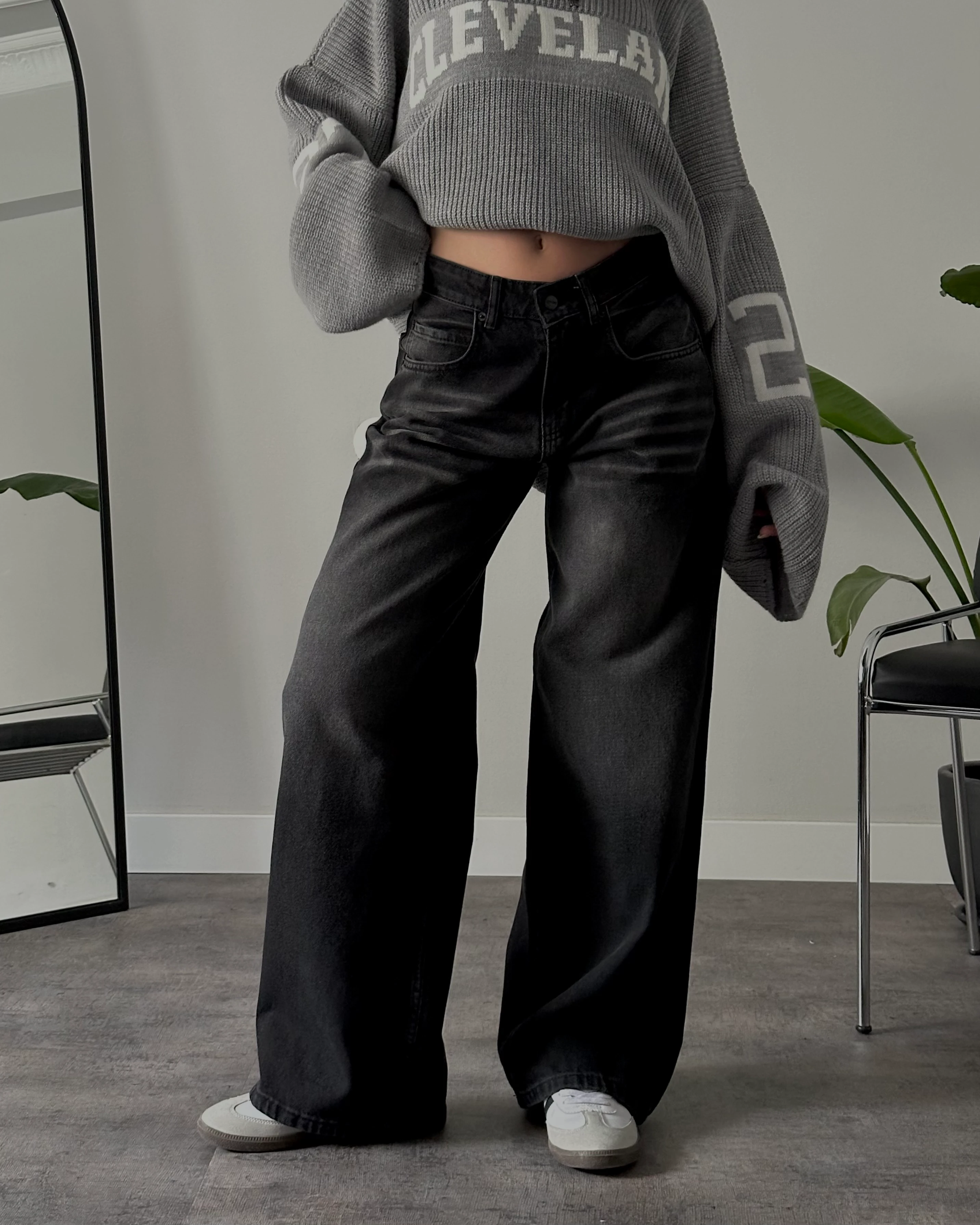 Unisex Yüksek Bel Kahverengi Yıkamalı Retro Baggy Jean