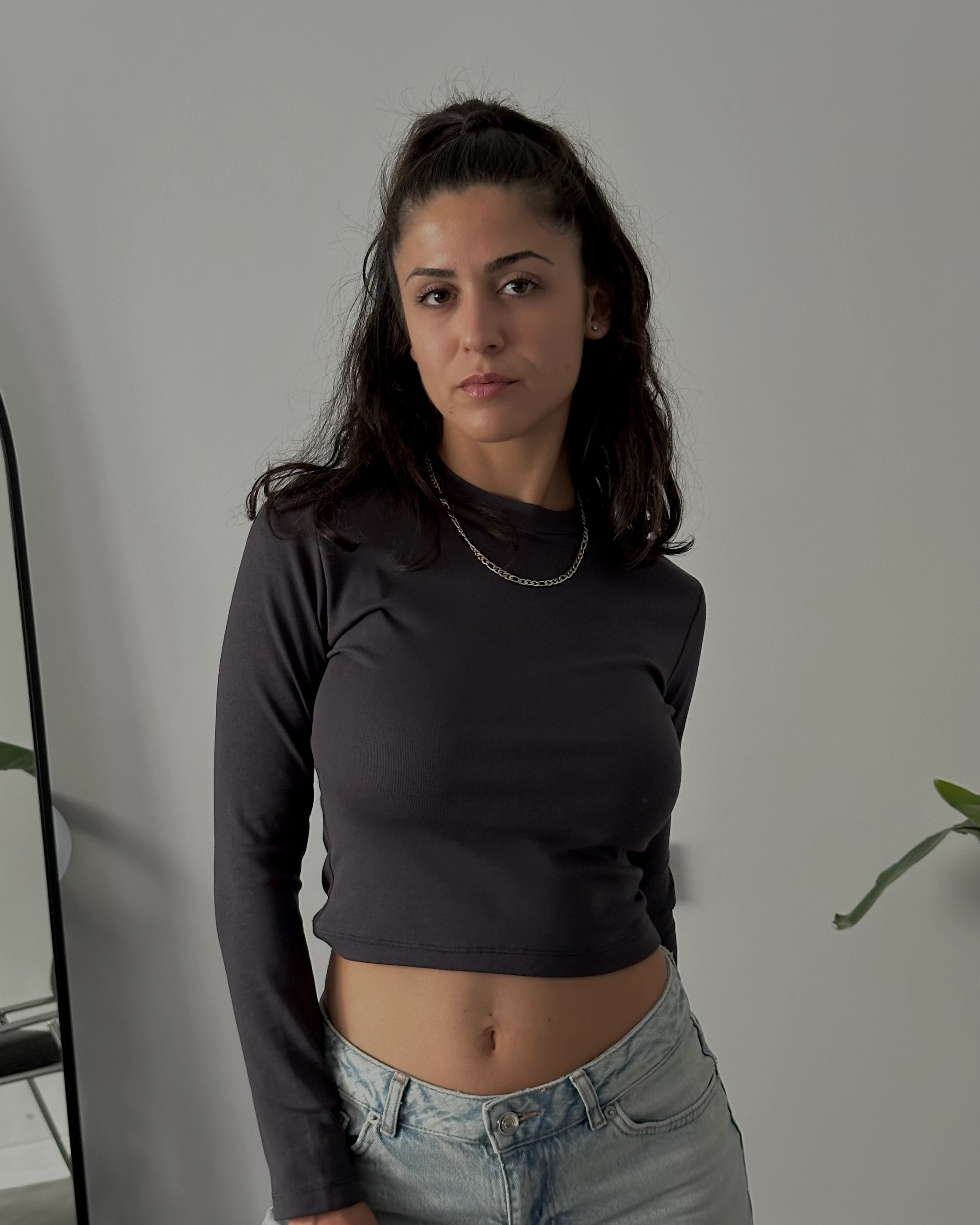 Bisiklet Yaka Uzun Kollu Crop Body - Antrasit