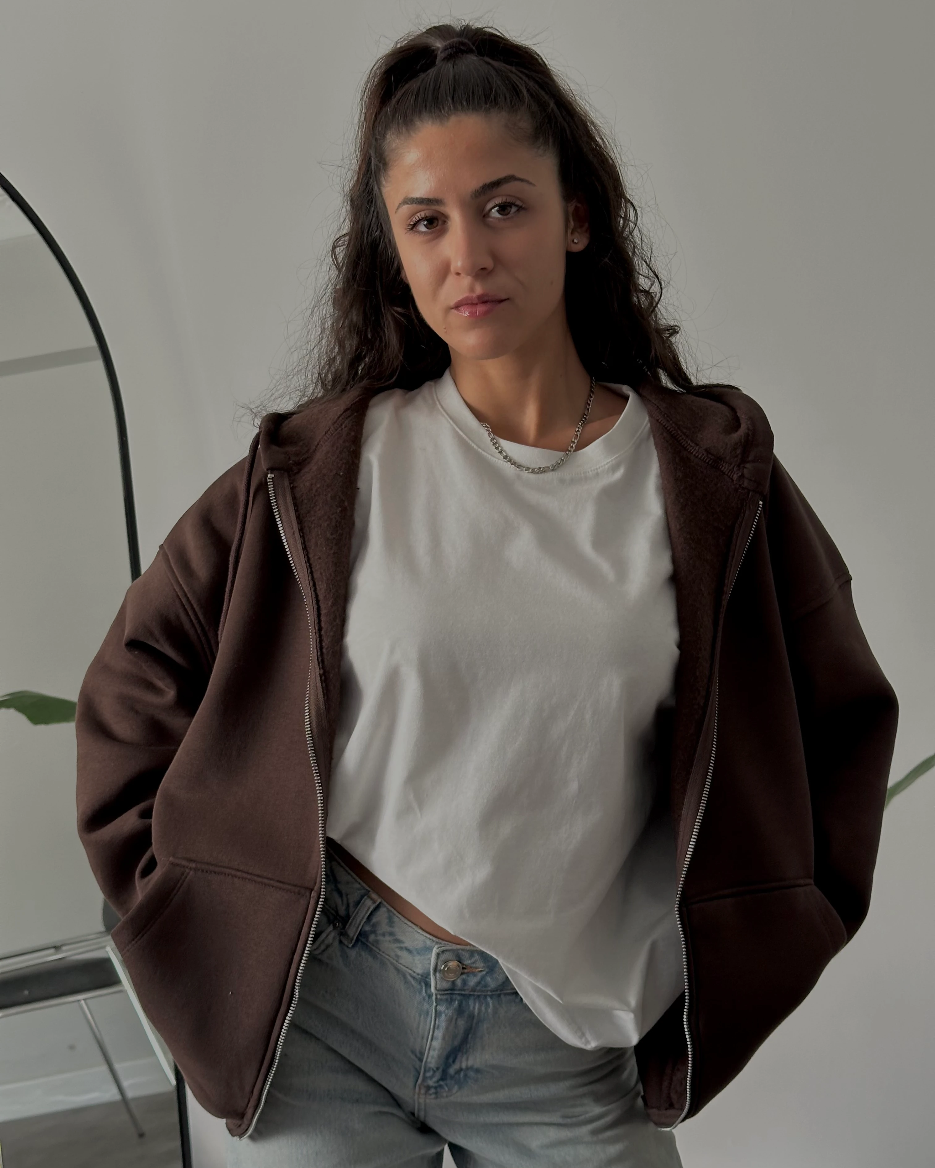 Fermuarlı Kapüşonlu Oversize Sweatshirt - Kahverengi