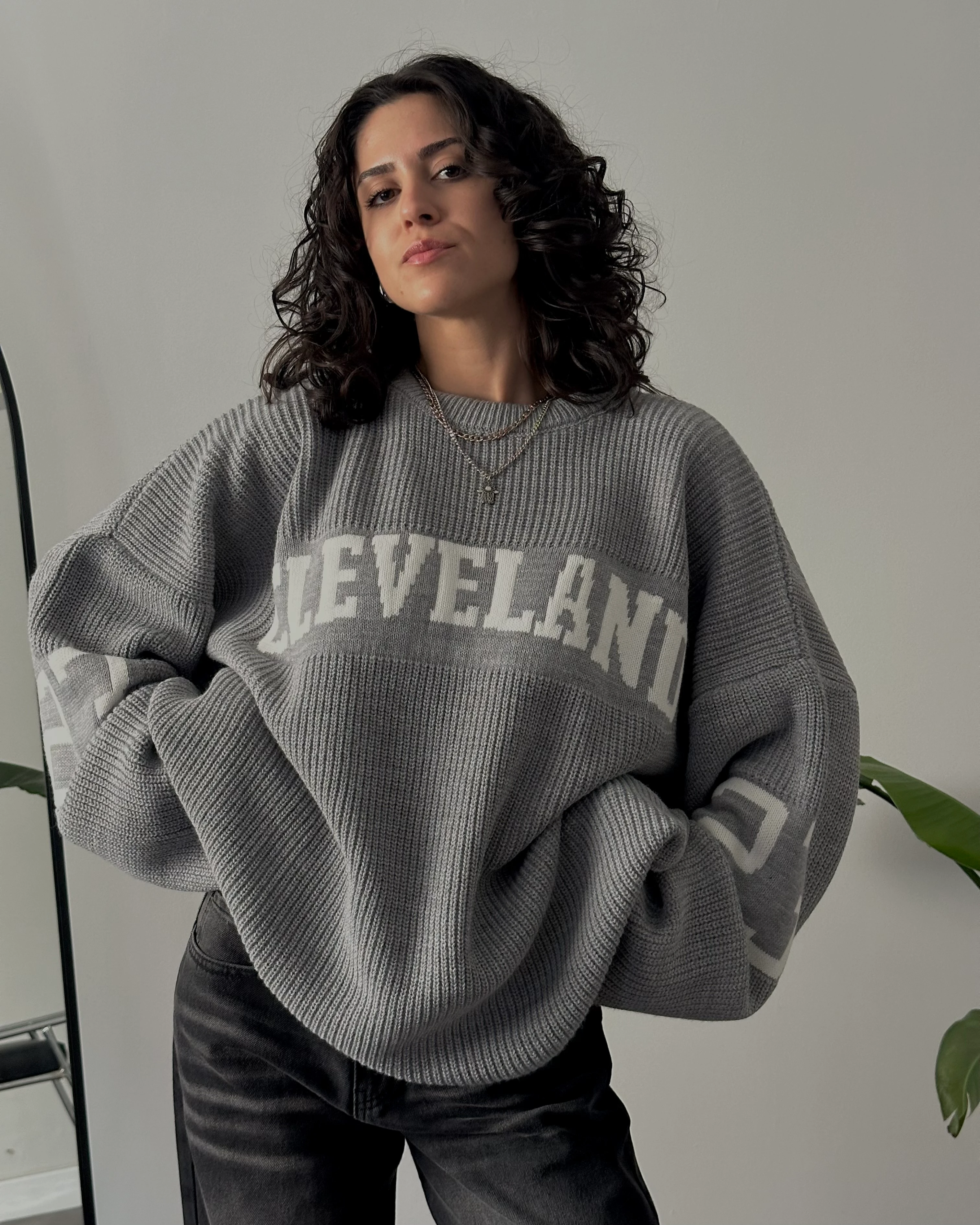 Oversize Cleveland Kolej Triko Kazak - Gri