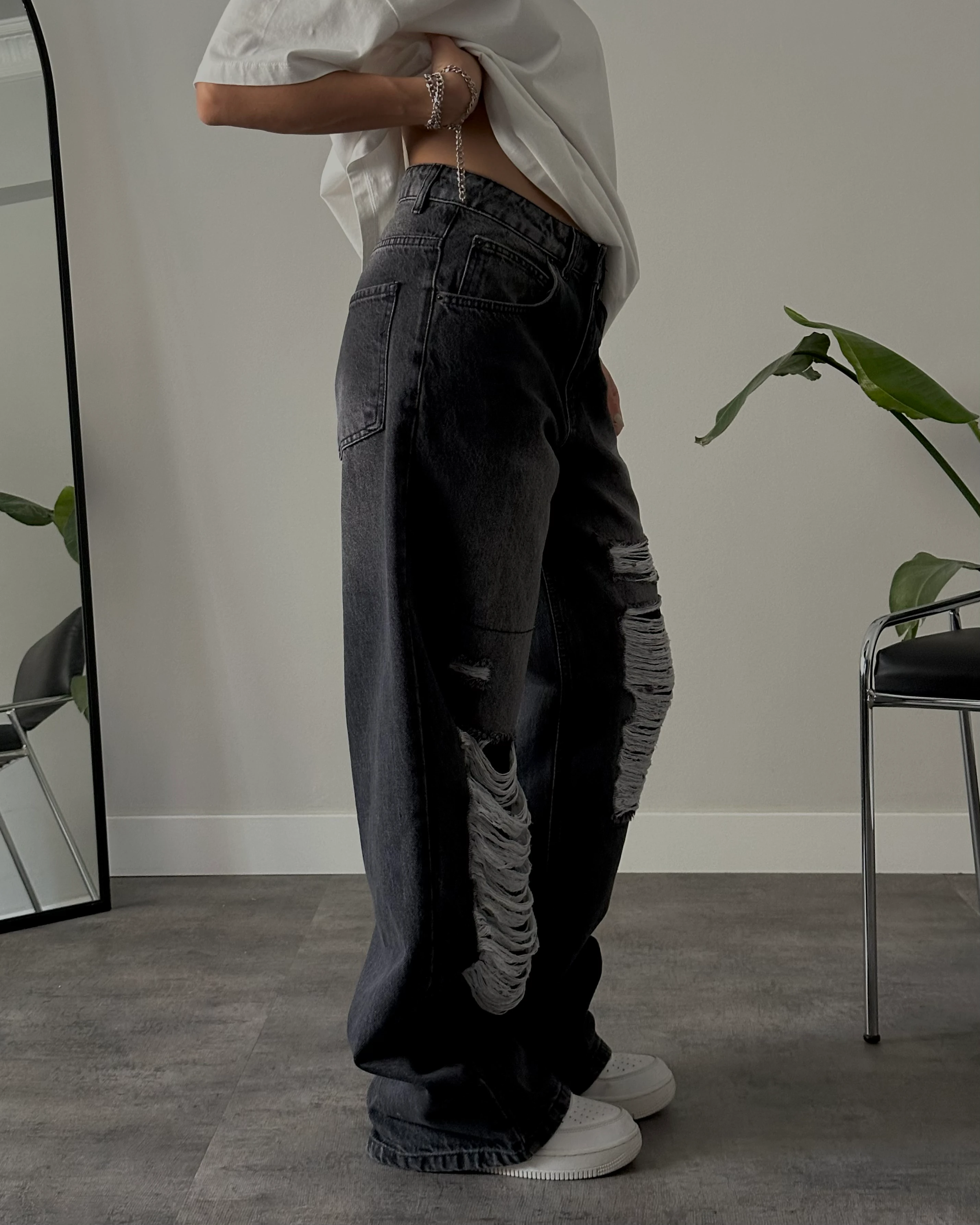 Yüksek Bel Siyah Aşırı Yırtık Baggy Jean