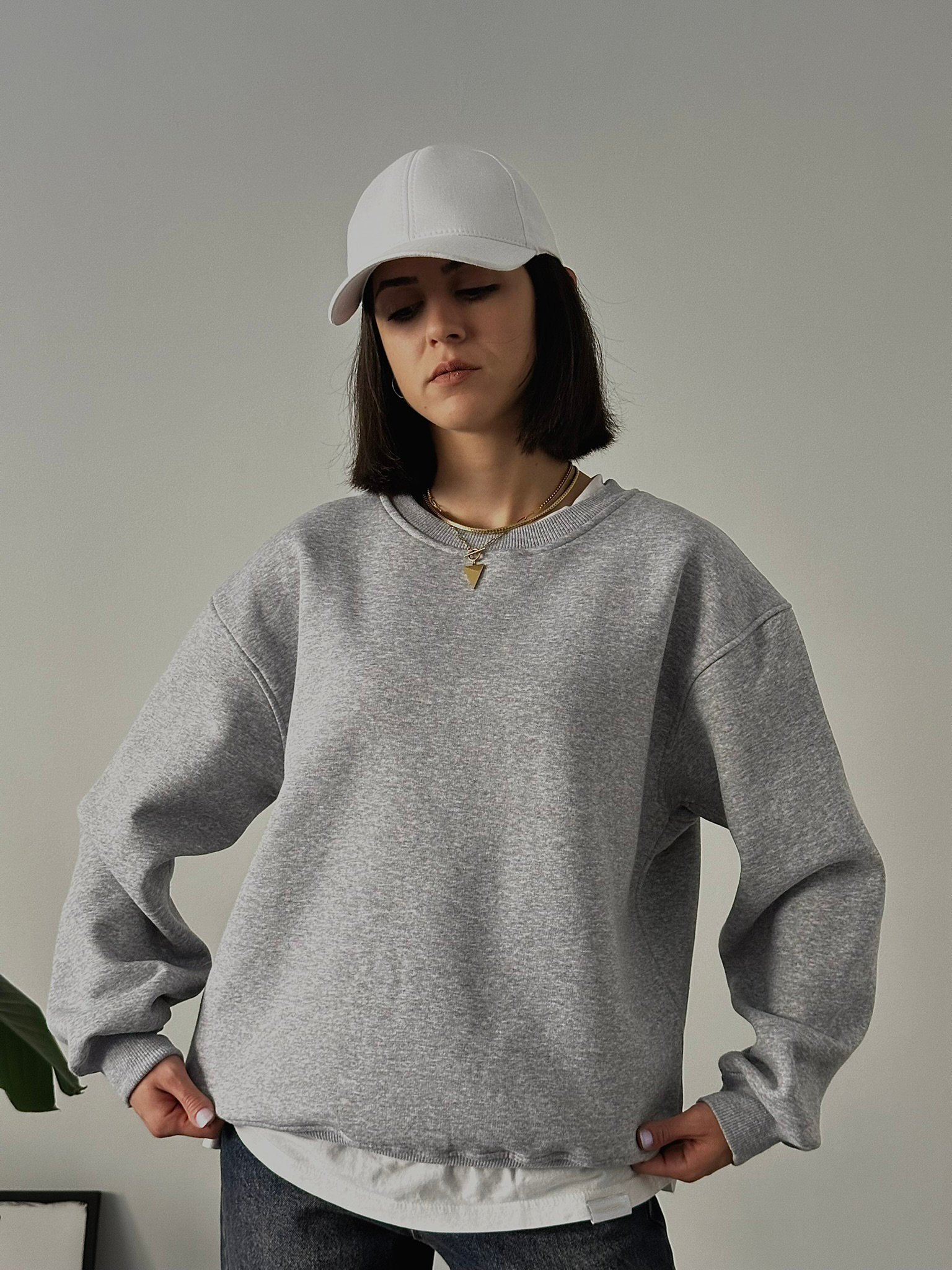 Oversize Kadın Bisiklet Yaka Basic Sweatshirt - Gri