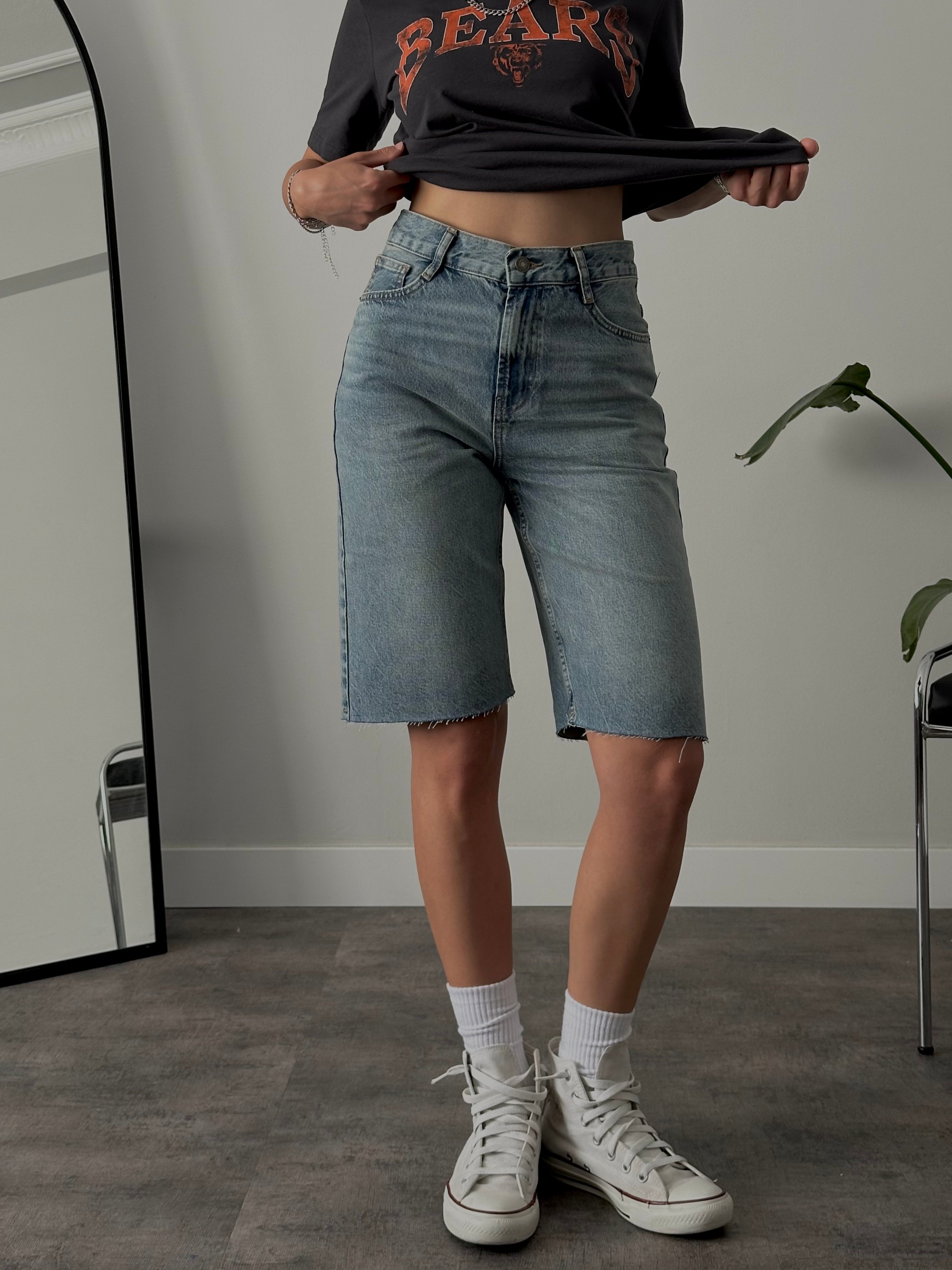 Yüksek Bel Vintage Straight Denim Şort
