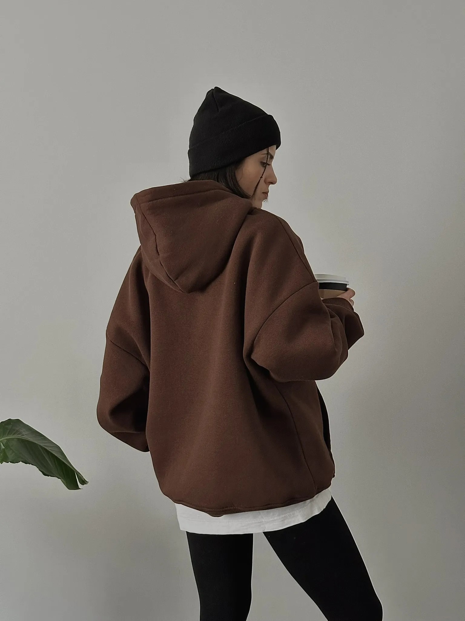 Oversize Kadın Kapüşonlu Sweatshirt - Kahverengi