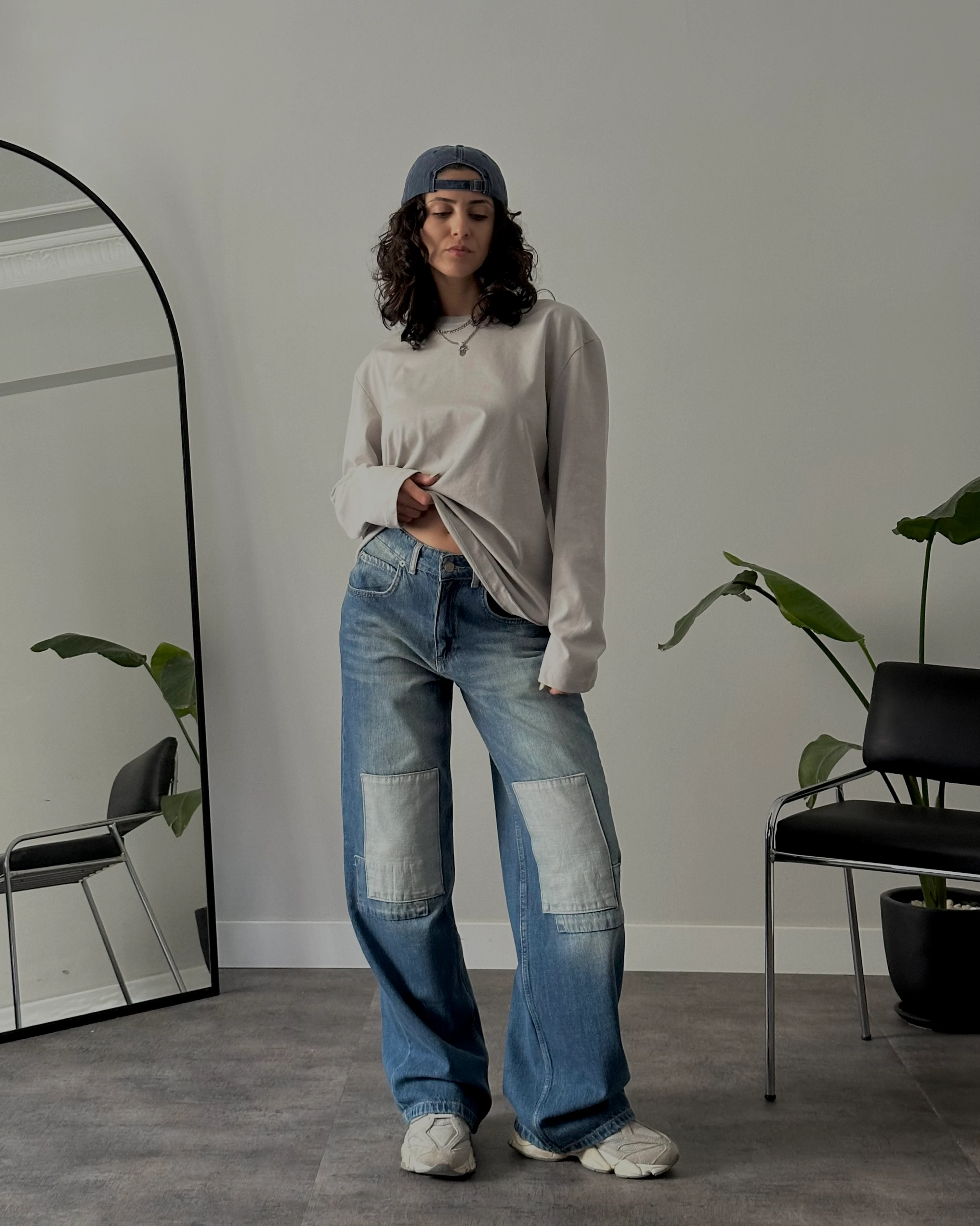 Yüksek Bel Mavi Dizi Yamalı Retro Baggy Jean