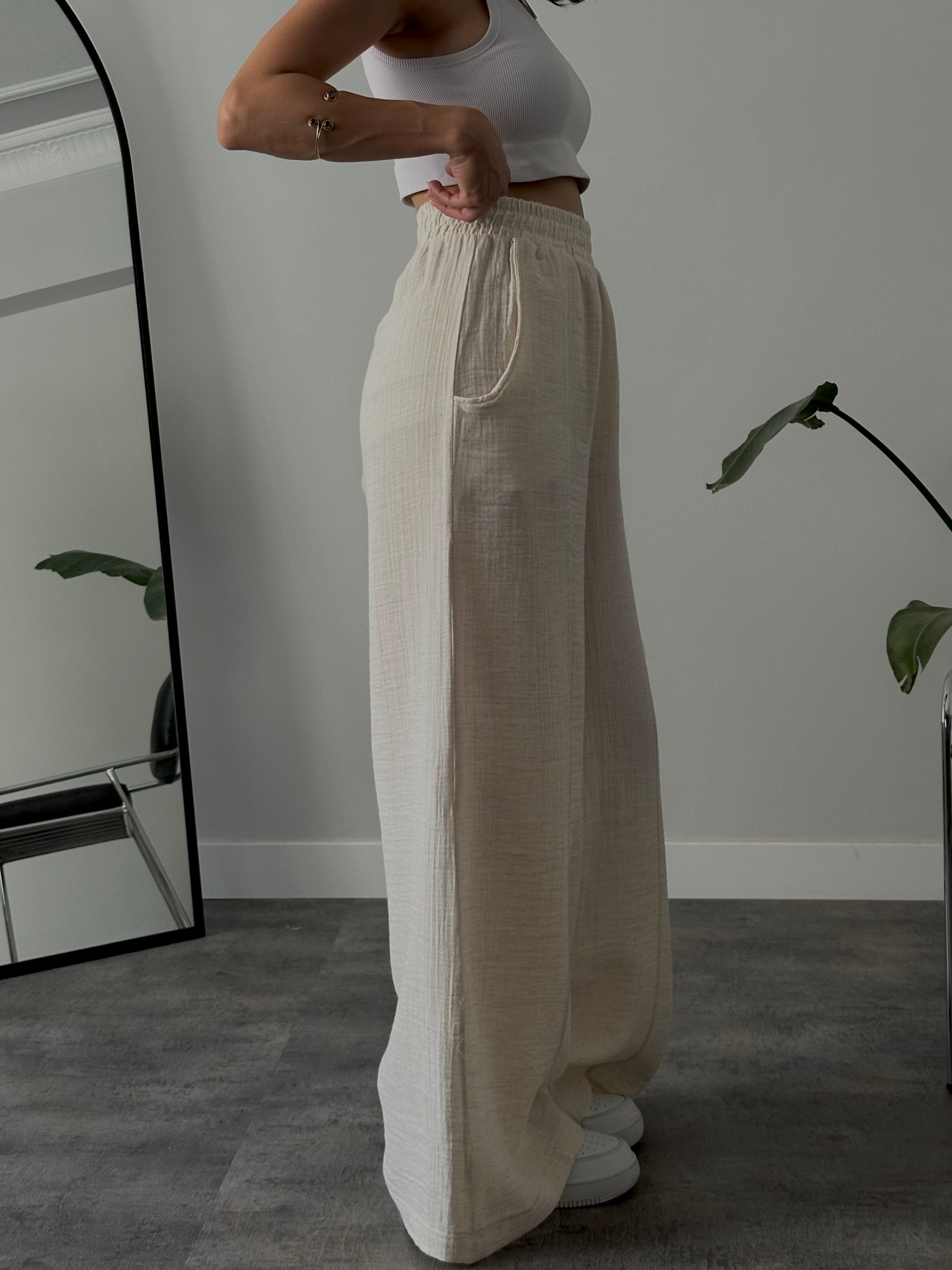 Yüksek Bel Wide Leg Müslin Pantolon - Bej
