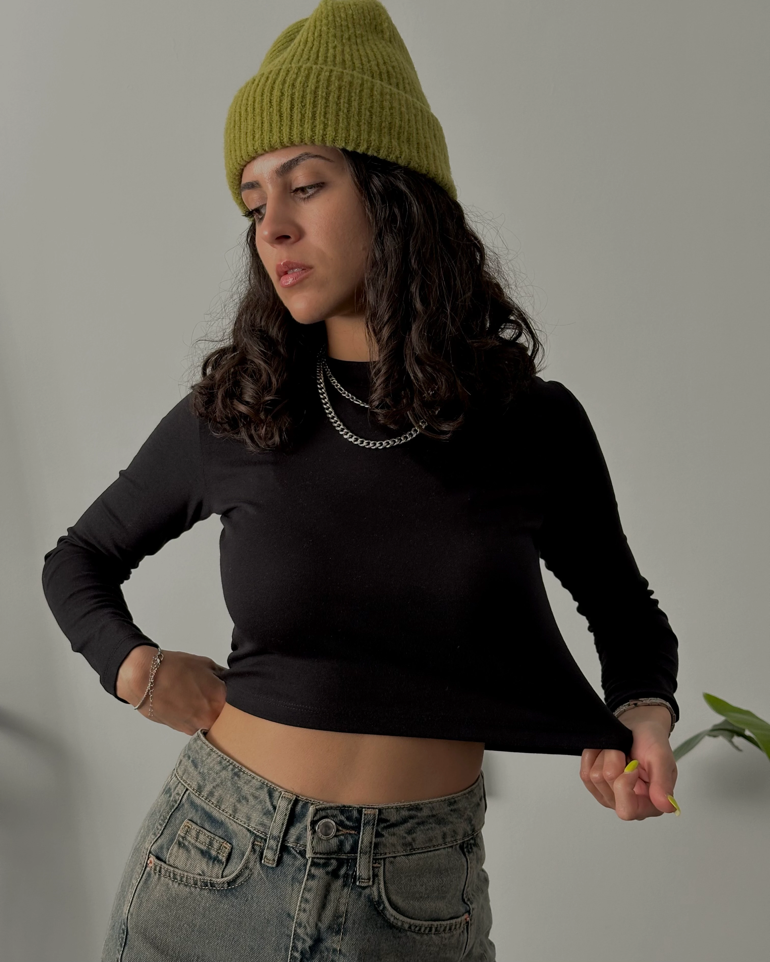 Bisiklet Yaka Uzun Kollu Crop Body