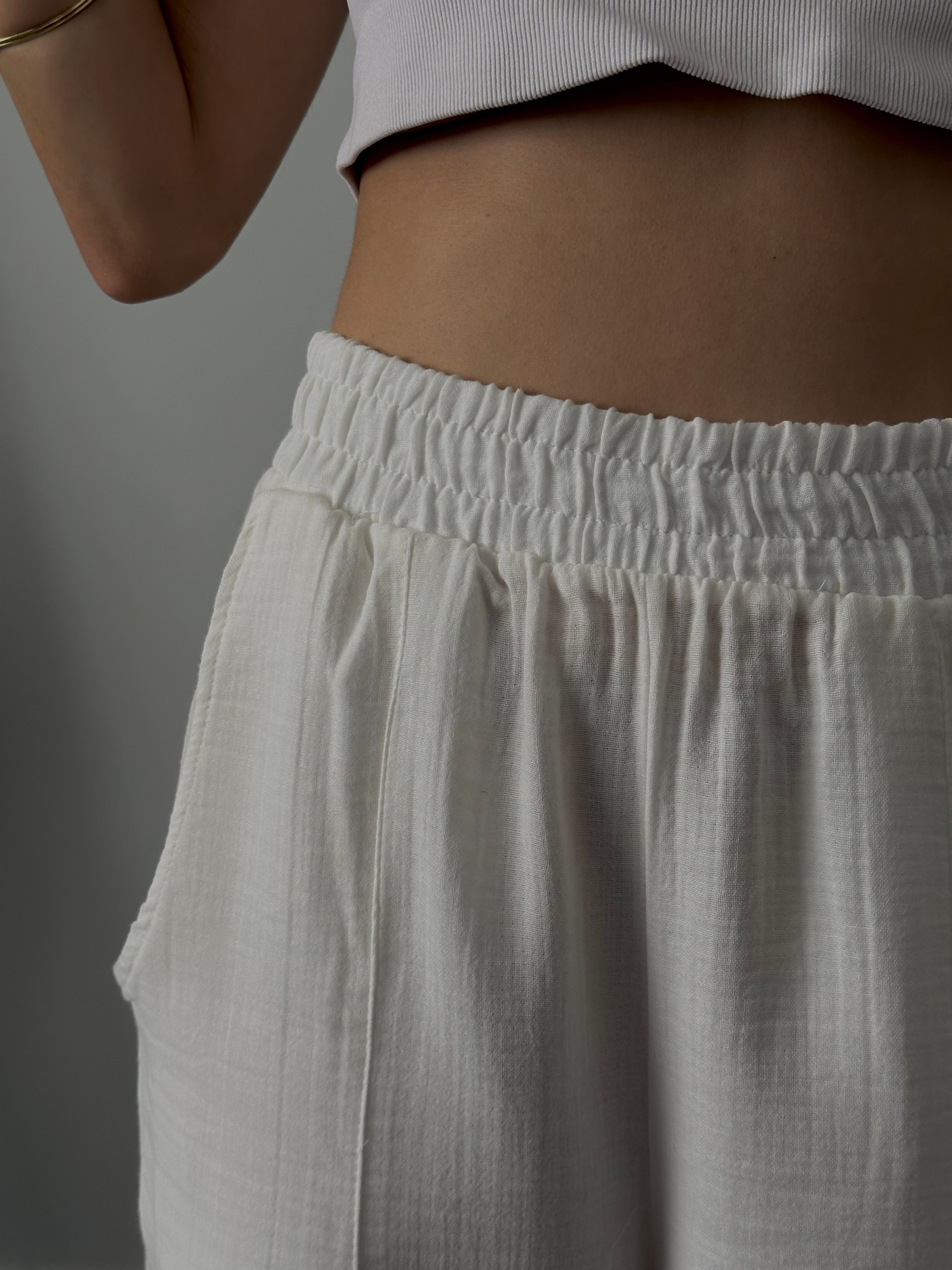 Yüksek Bel Wide Leg Müslin Pantolon - Beyaz