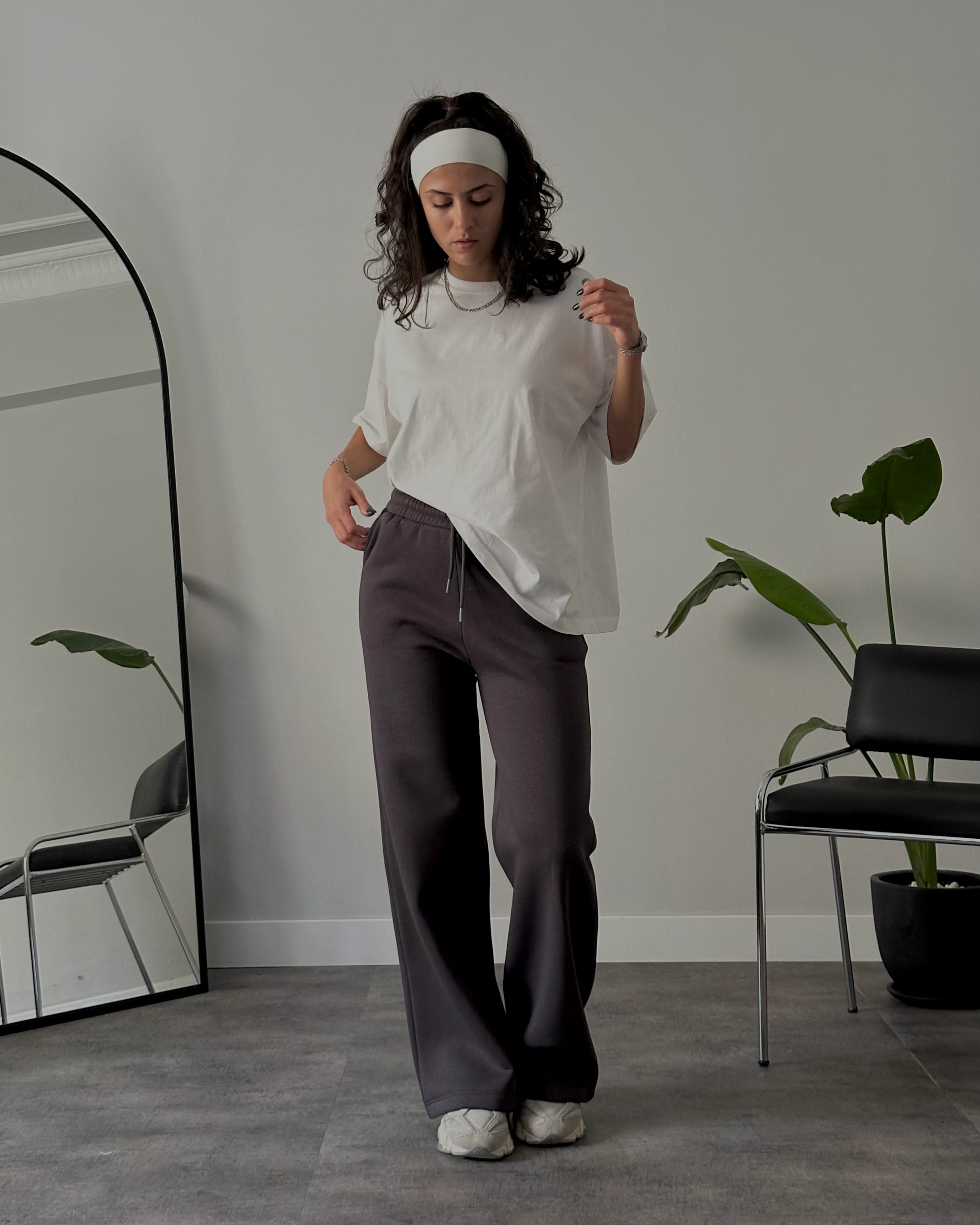 Yüksek Bel Şardonlu Rahat Kalıp Eşofman Altı - Antrasit