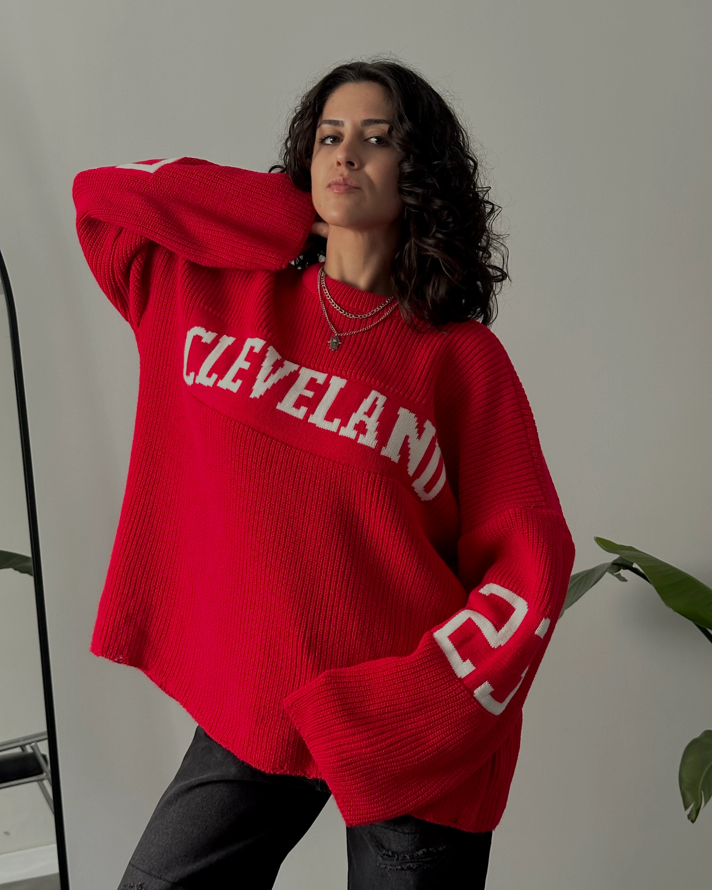 Oversize Cleveland Kolej Triko Kazak - Kırmızı