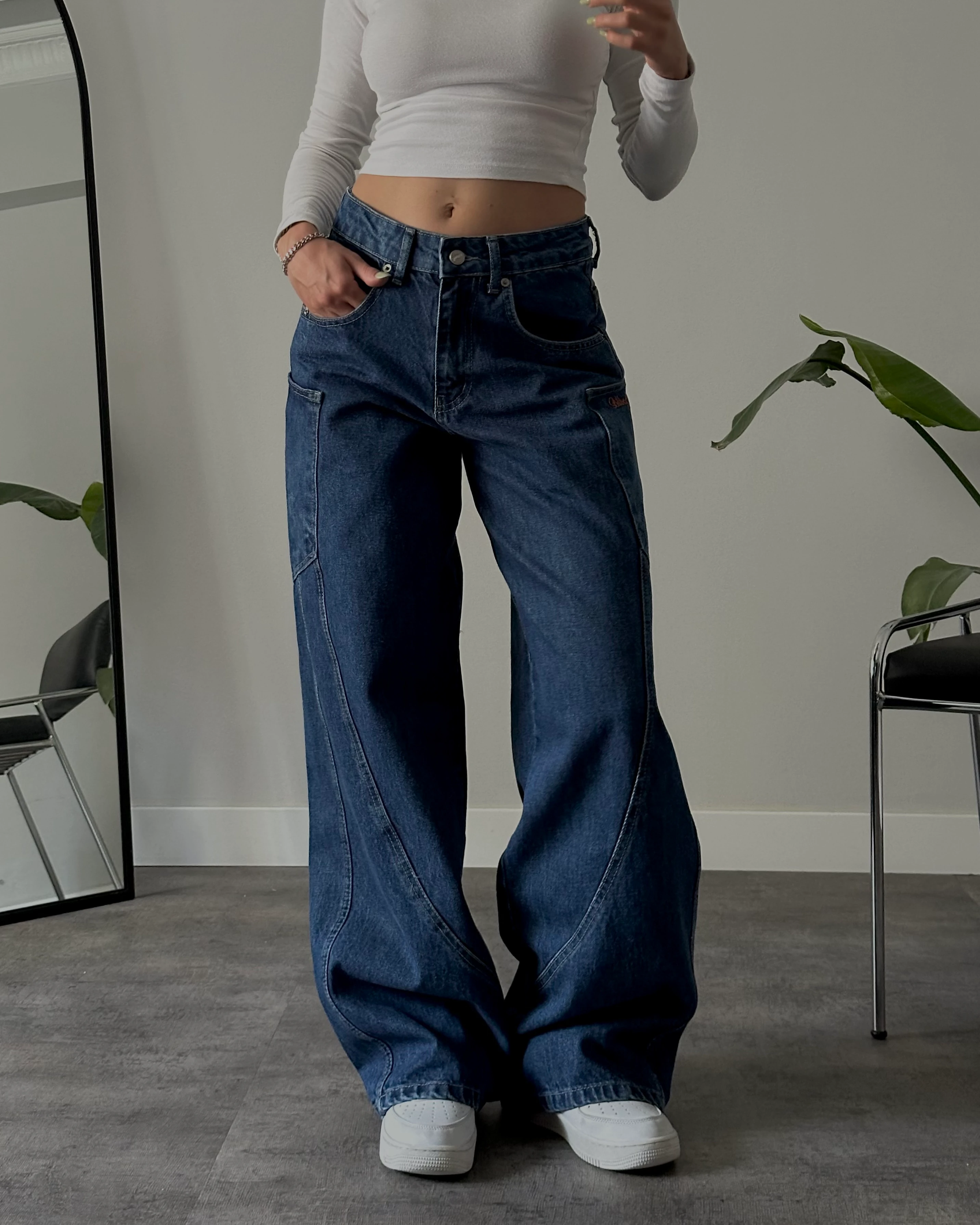 Yüksek Bel Mavi Kargo Detaylı Baggy Jean