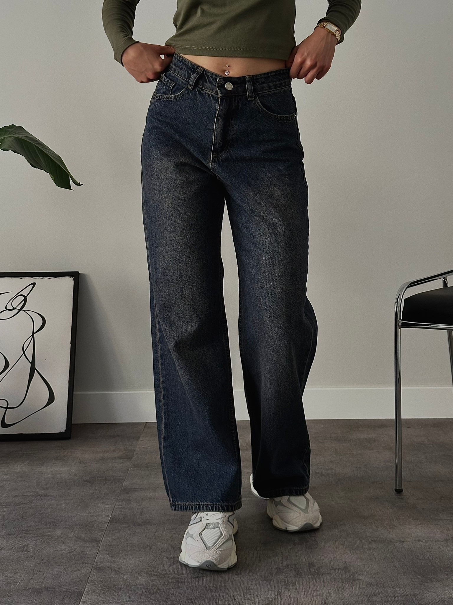 Yüksek Bel Yıkamalı Extra Wide Leg Jean - Lacivert Denim