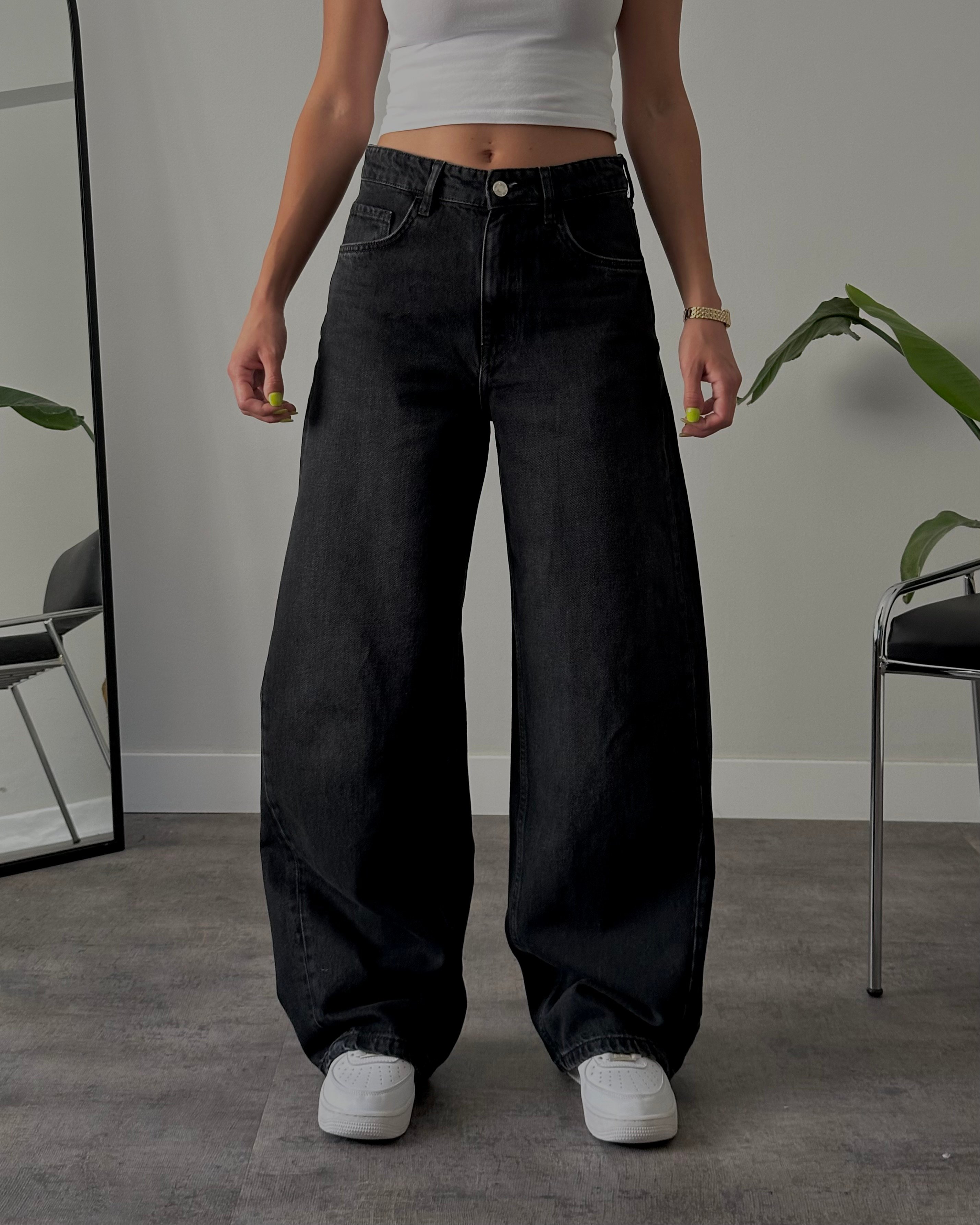 Yüksek Bel Siyah Baggy Jean