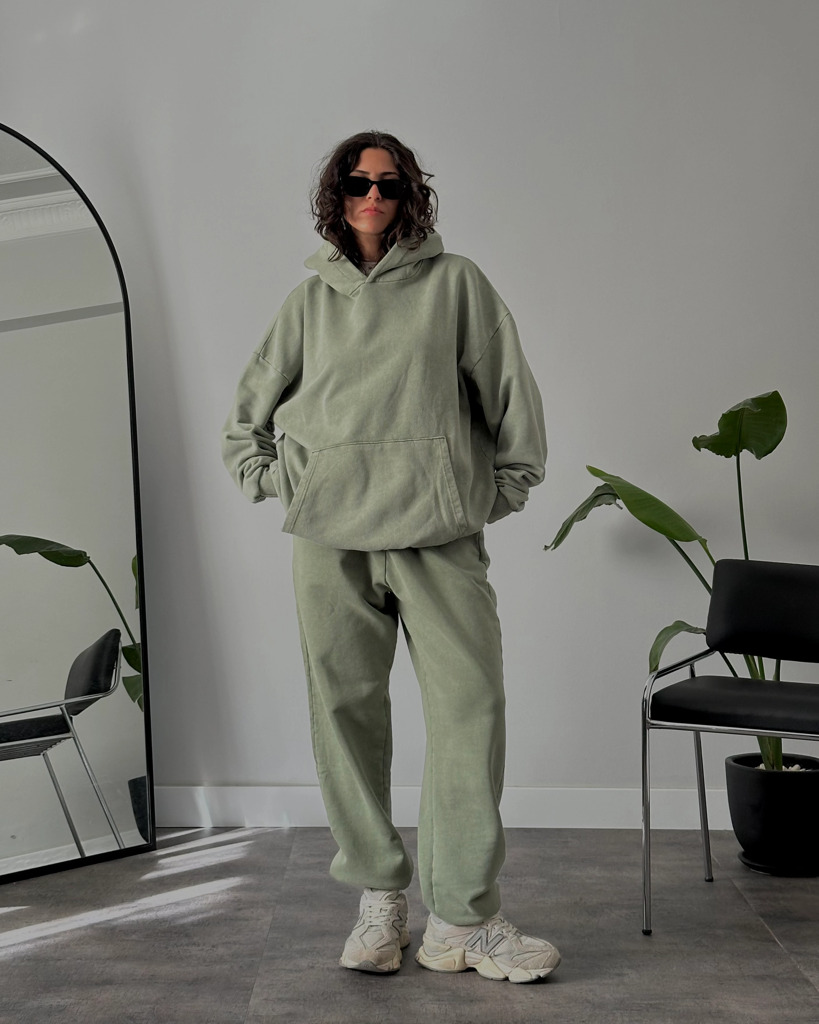 Unisex Yıkamalı Oversize 3 İplik Eşofman Takımı - Yıkamalı Haki