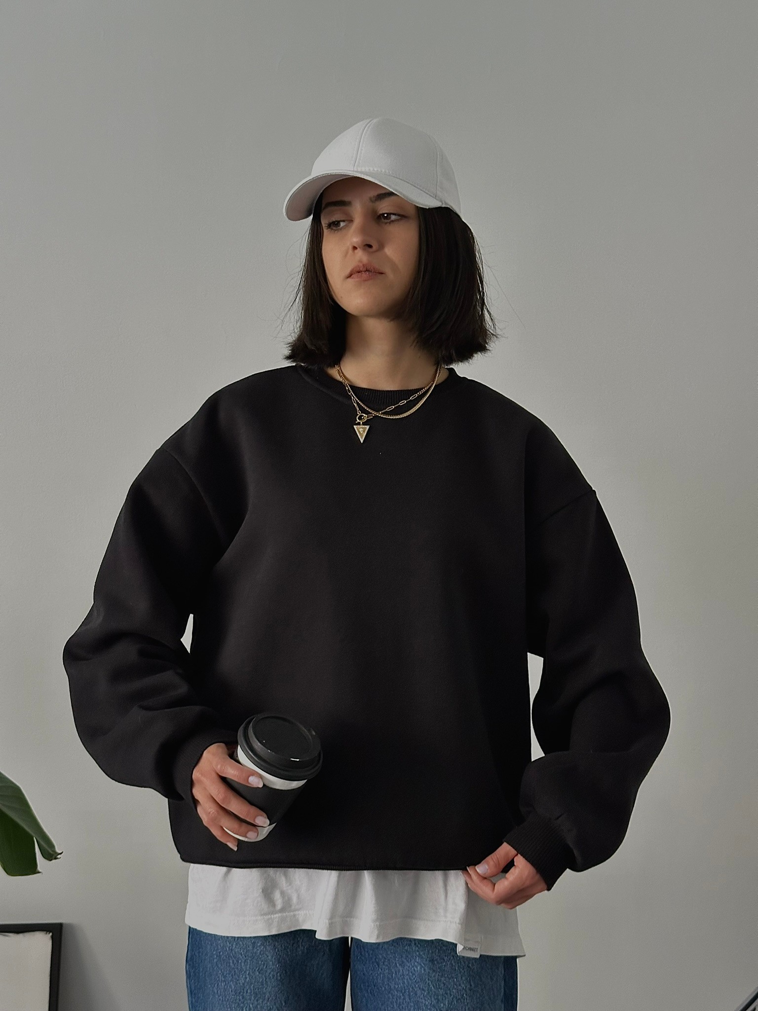 Oversize Kadın Bisiklet Yaka Basic Sweatshirt - Siyah