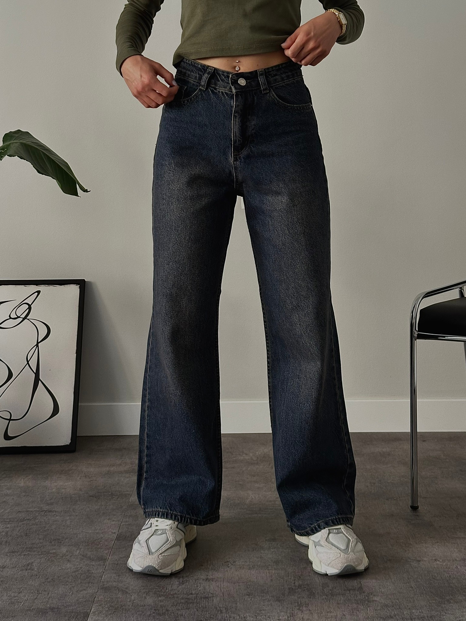 Yüksek Bel Yıkamalı Extra Wide Leg Jean - Lacivert Denim