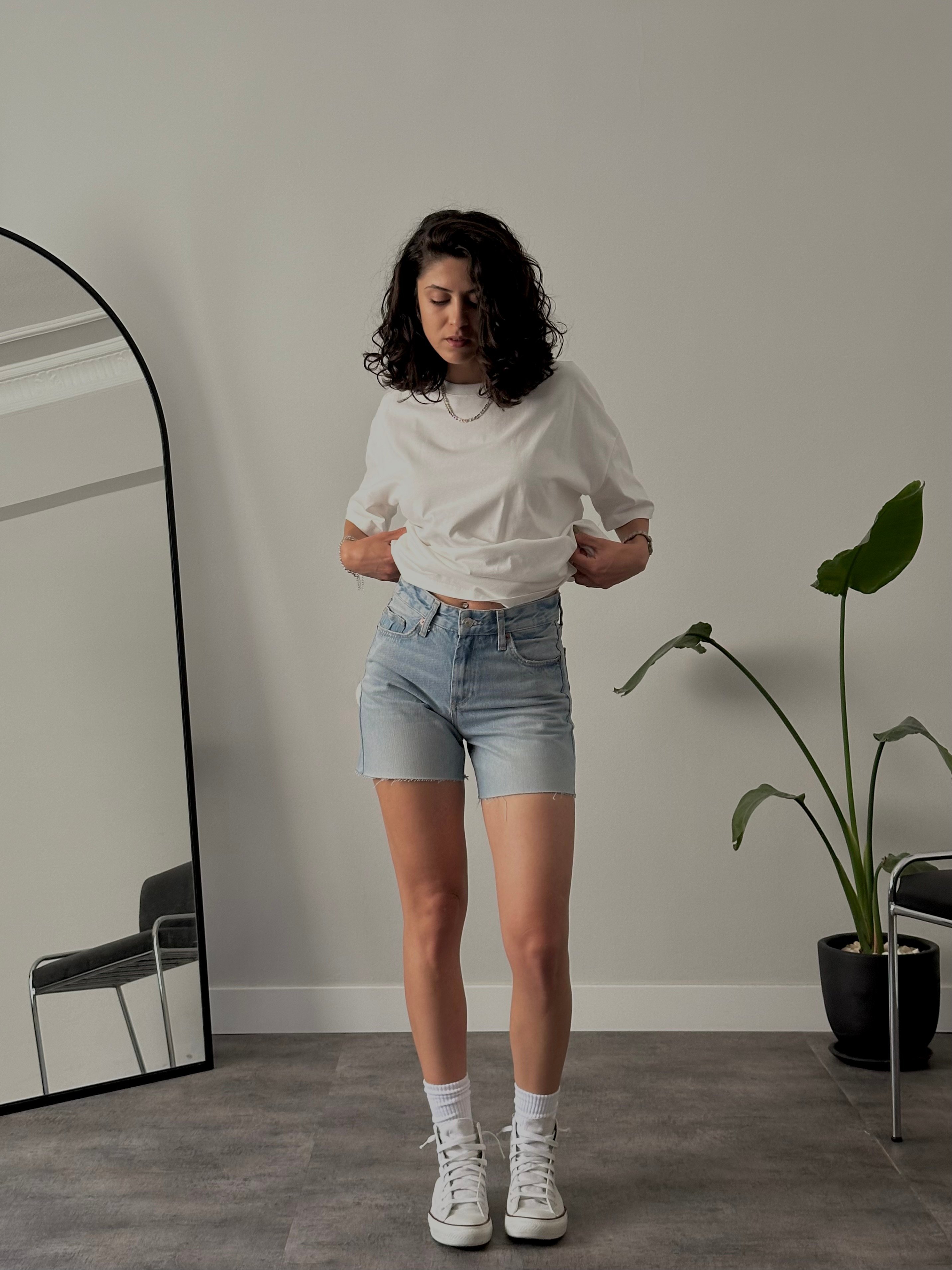Yüksek Bel Denim Şort - Vintage Mavi Denim