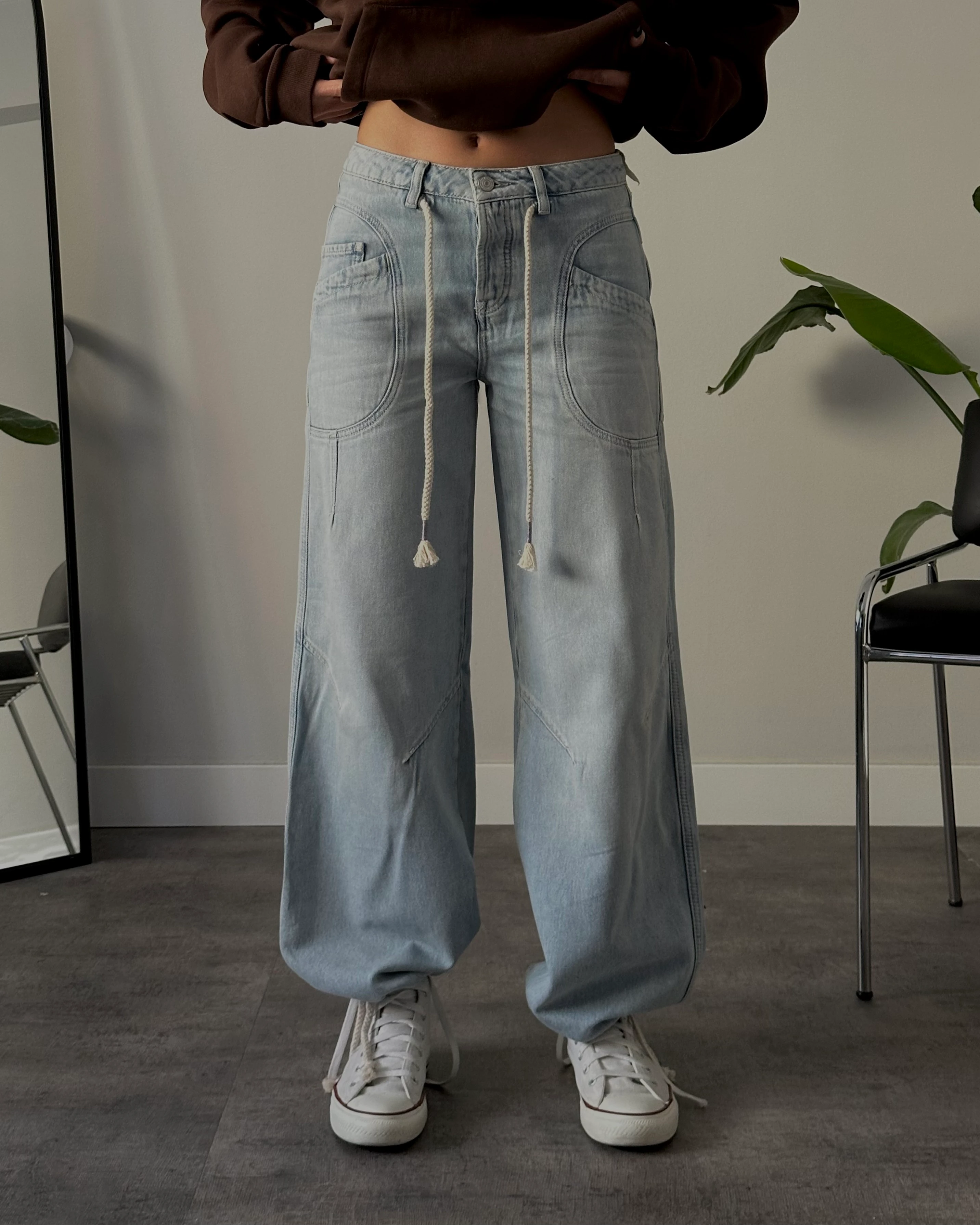 Orta Bel Relaxed Büzgülü Paça Jean