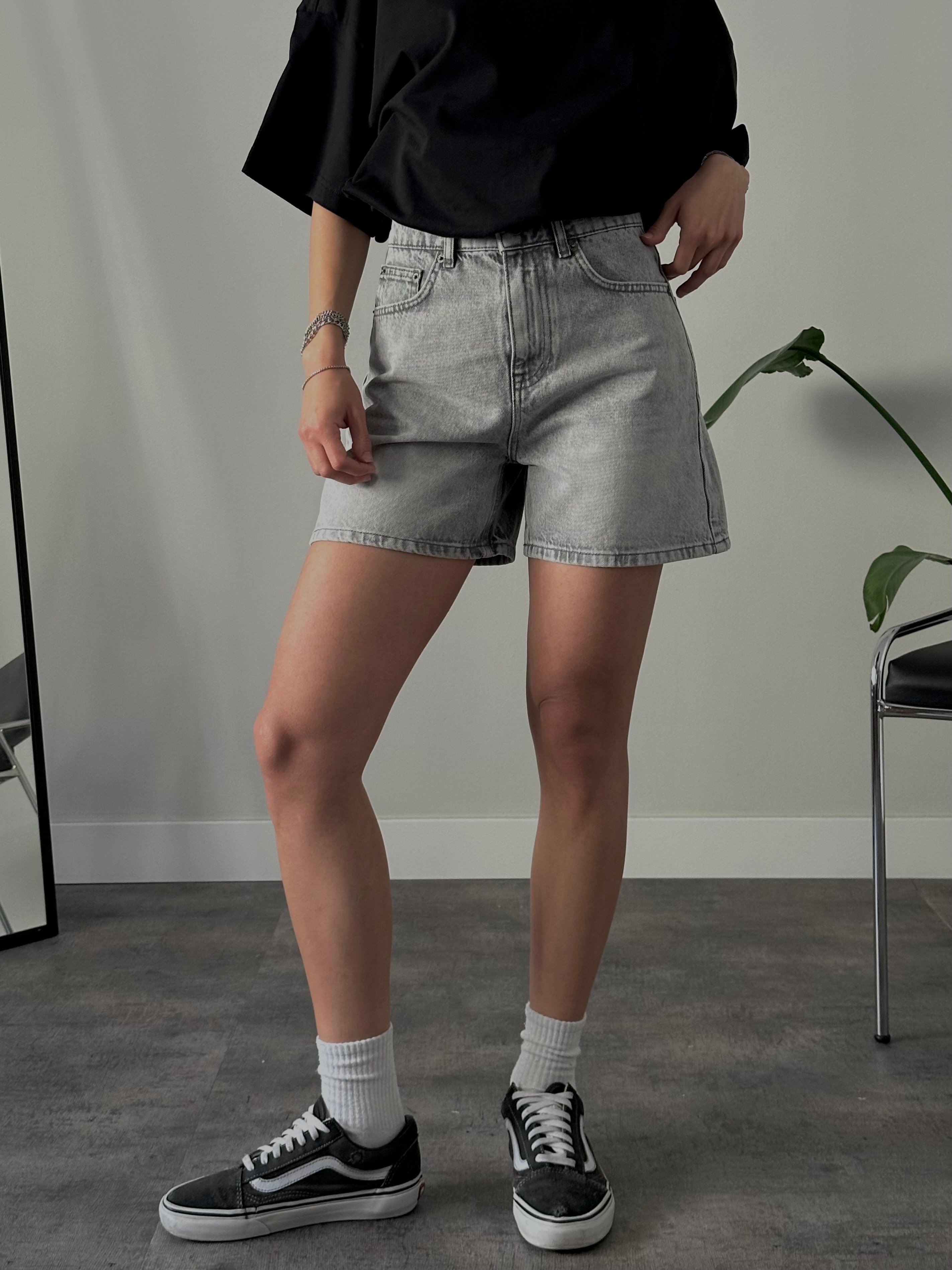 Yüksek Bel Mom Denim Şort - Gri Denim