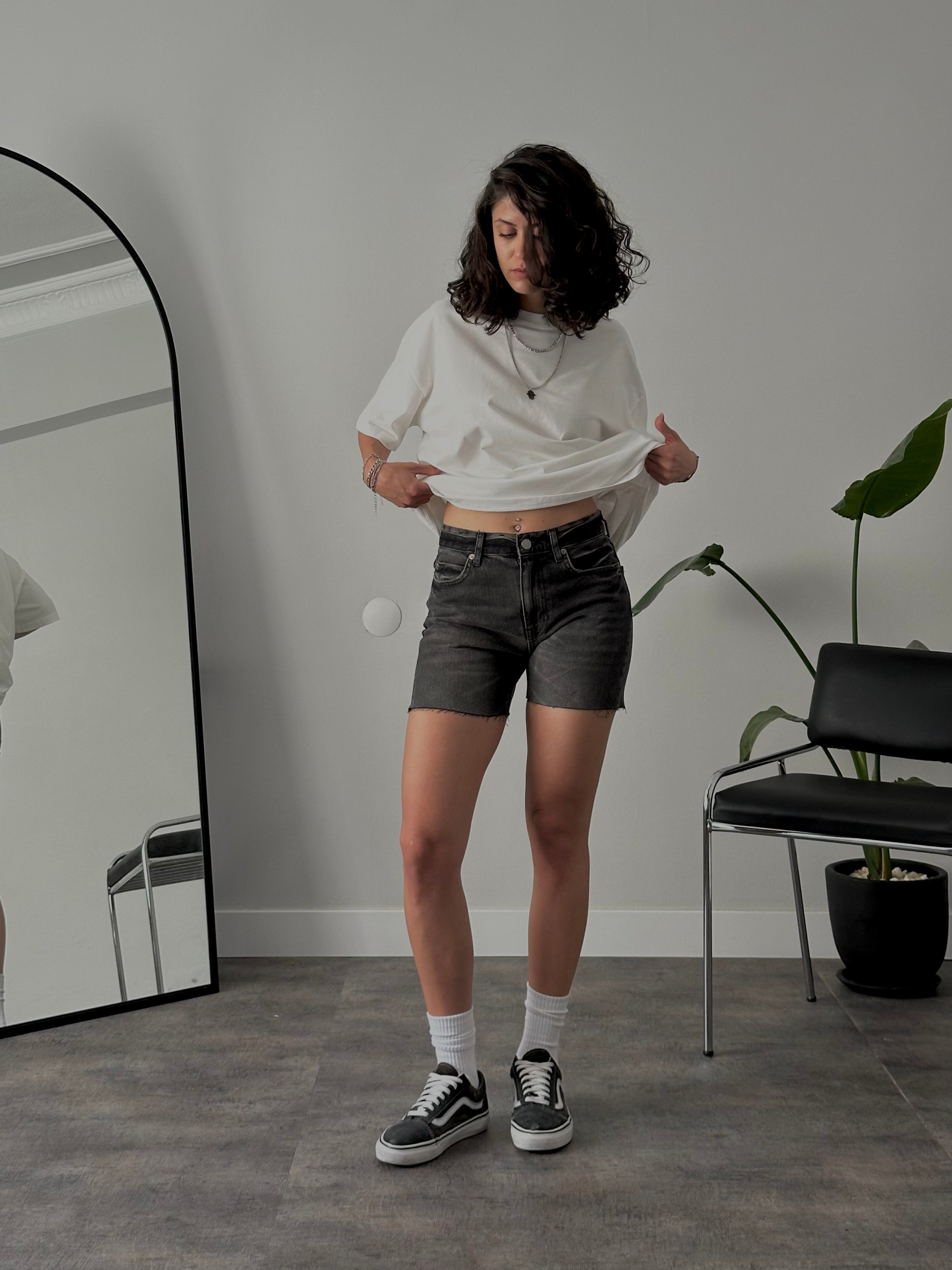 Yüksek Bel Denim Şort - Koyu Siyah Denim