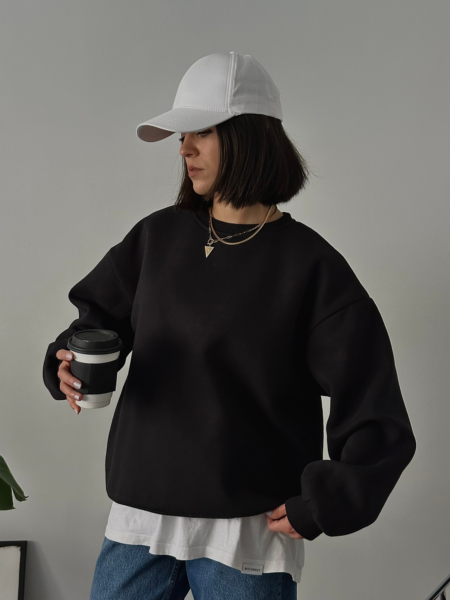 Oversize Kadın Bisiklet Yaka Basic Sweatshirt - Siyah