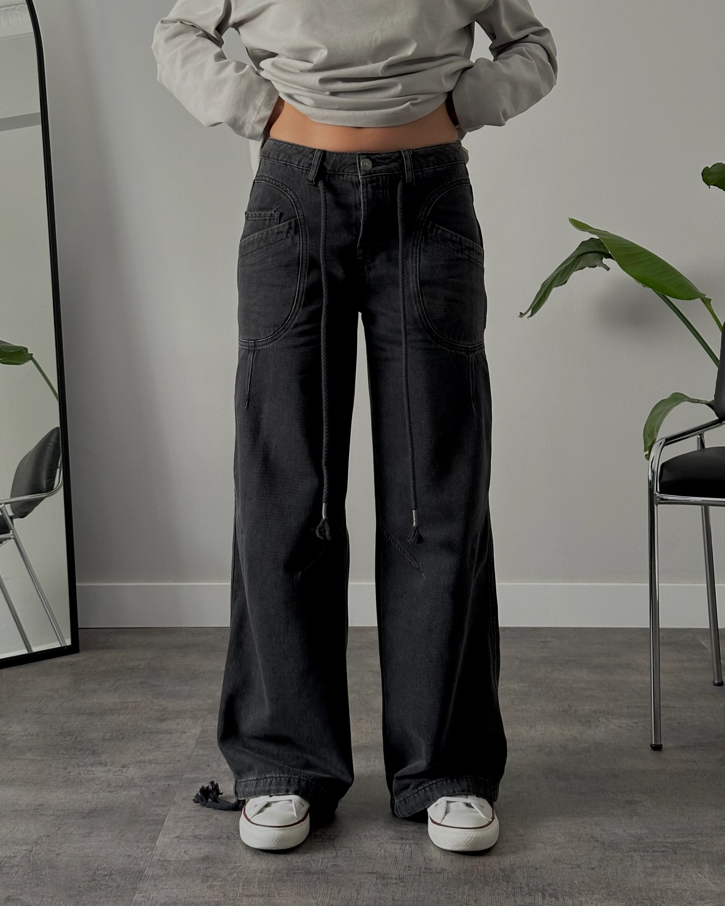 Orta Bel Relaxed Büzgülü Paça Jean - Siyah Denim