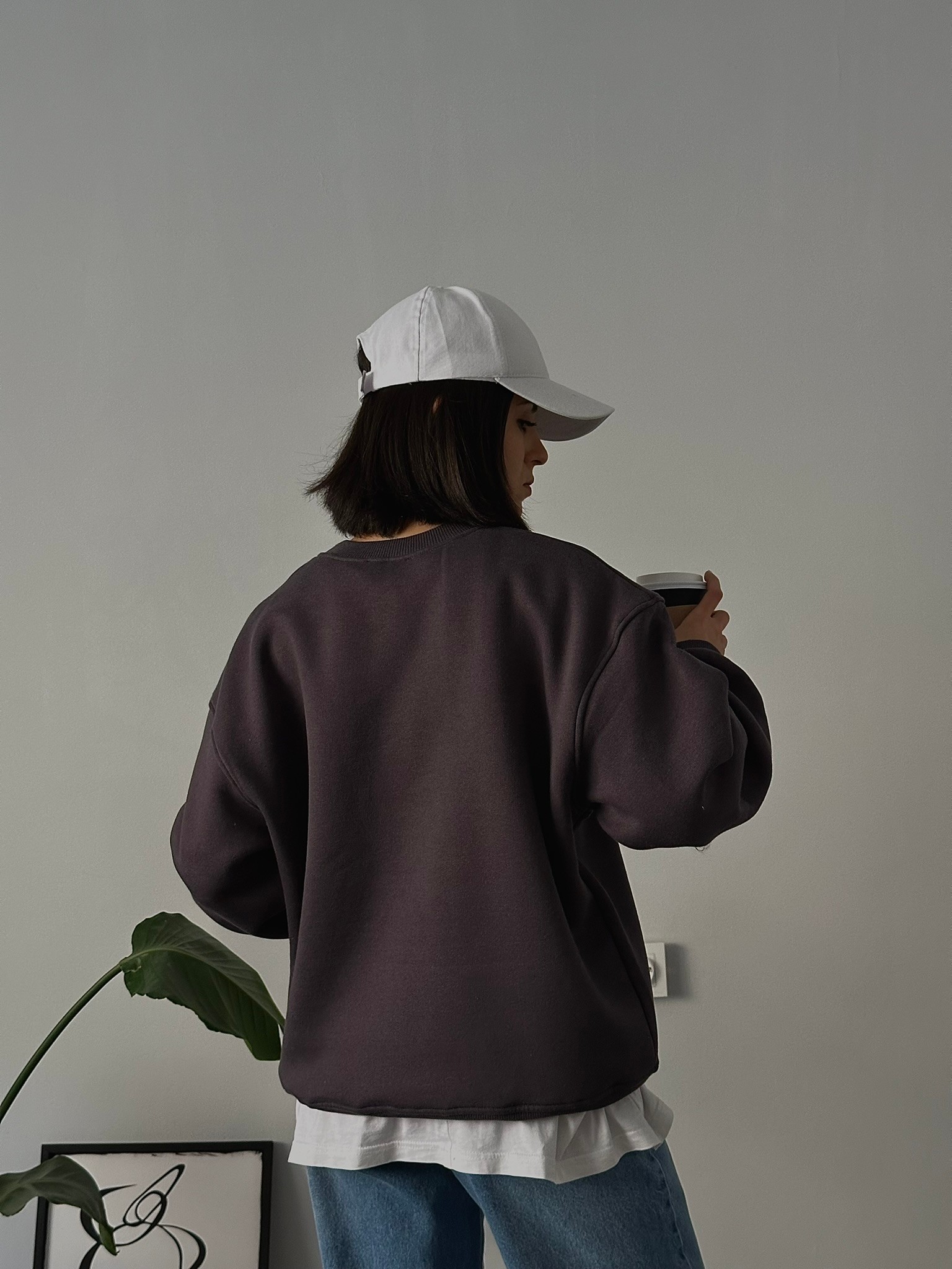 Oversize Kadın Bisiklet Yaka Basic Sweatshirt - Antrasit