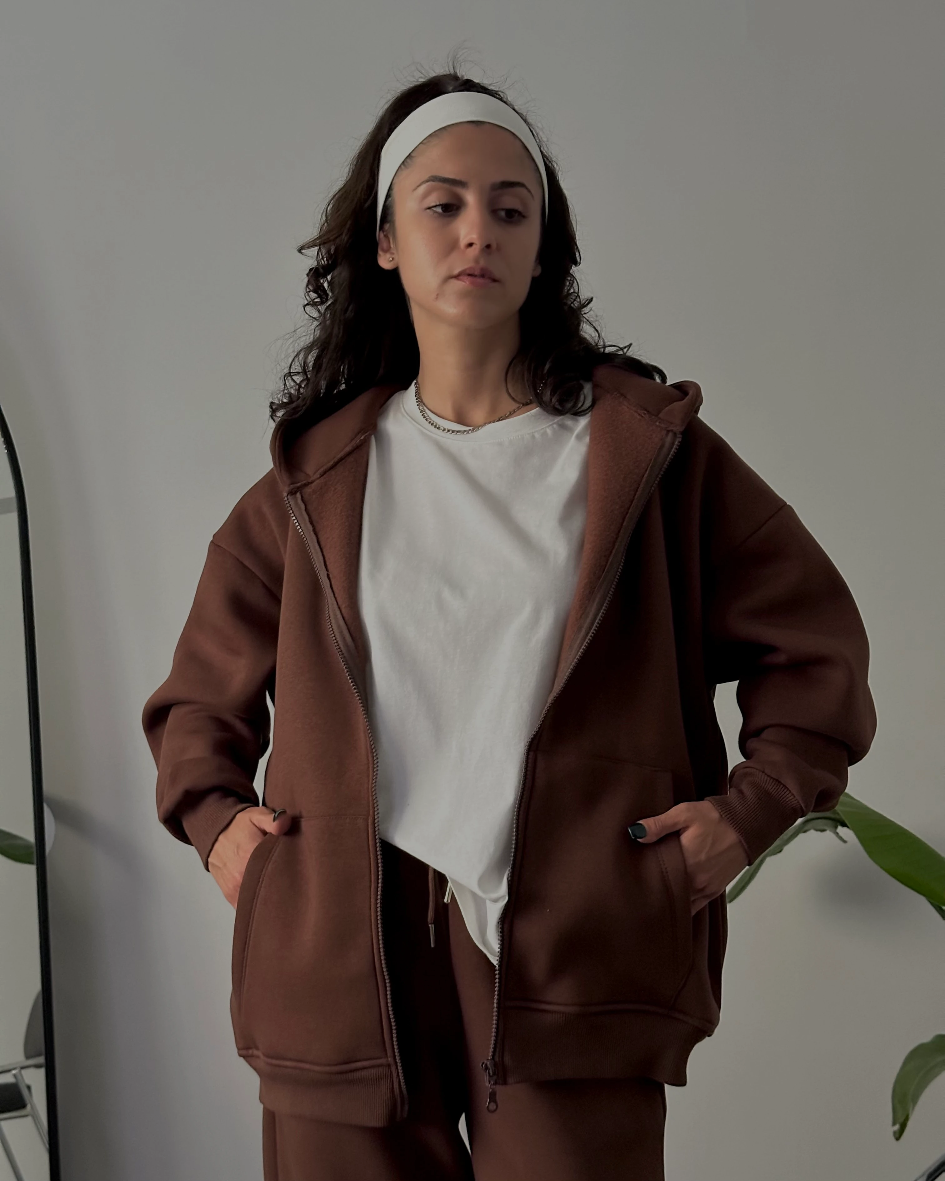 Fermuarlı Kapüşonlu Oversize Kadın Sweatshirt - Kahverengi