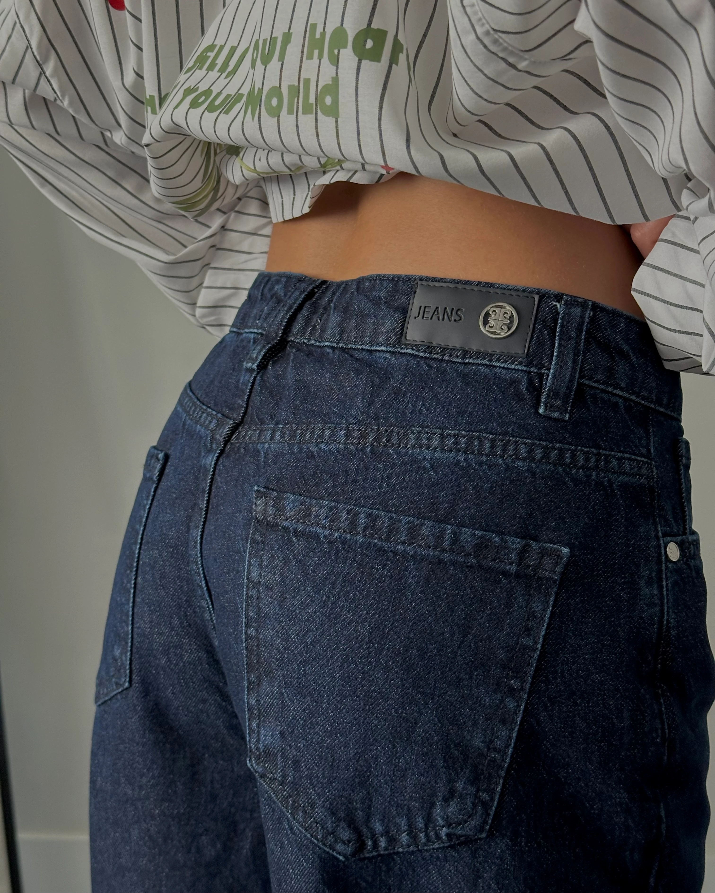 Yüksek Bel Koyu Mavi Wide Leg Flare Jean