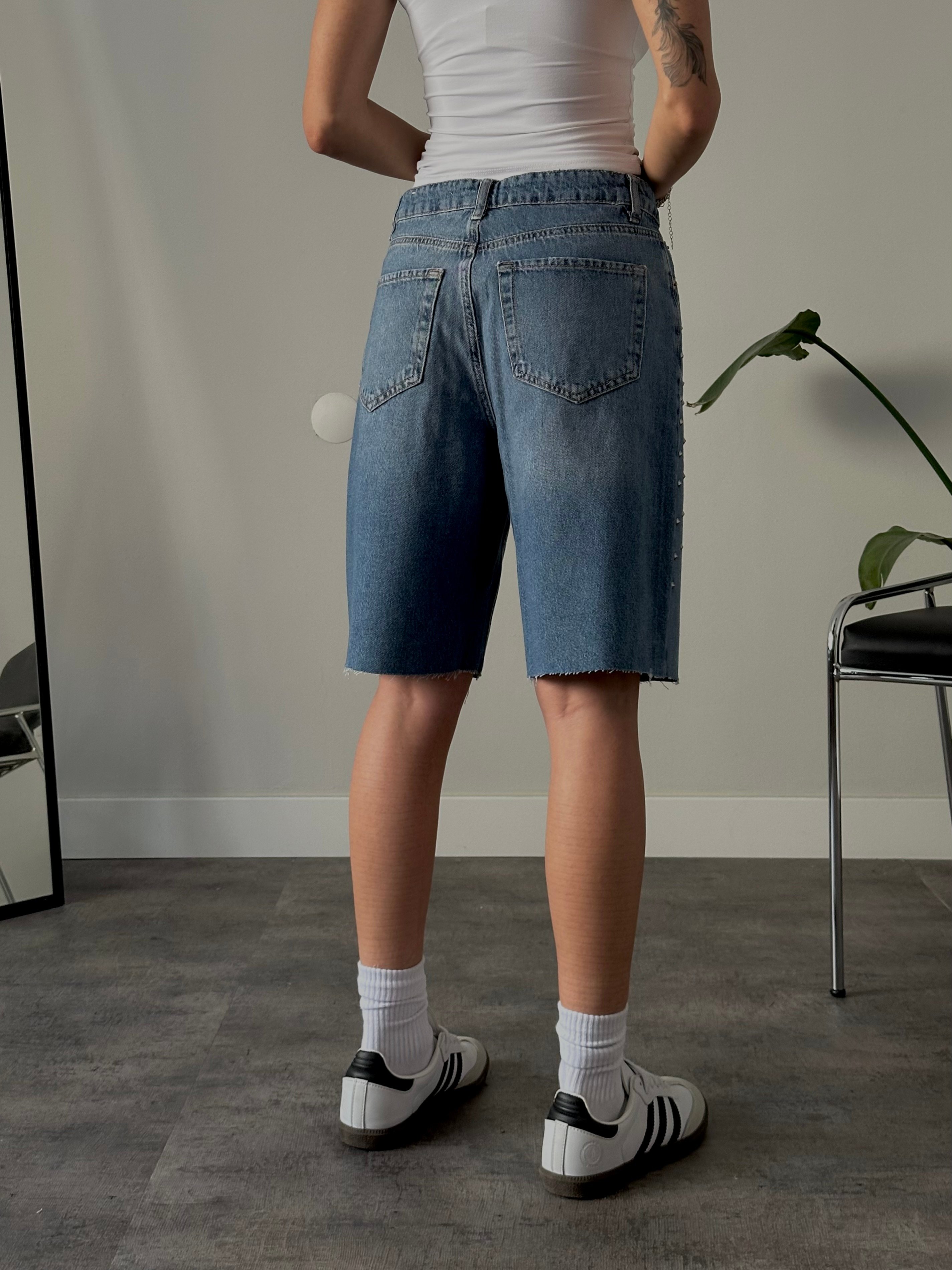 Zımba Detaylı Relaxed Fit Jort Denim Bermuda - Kesik Paça