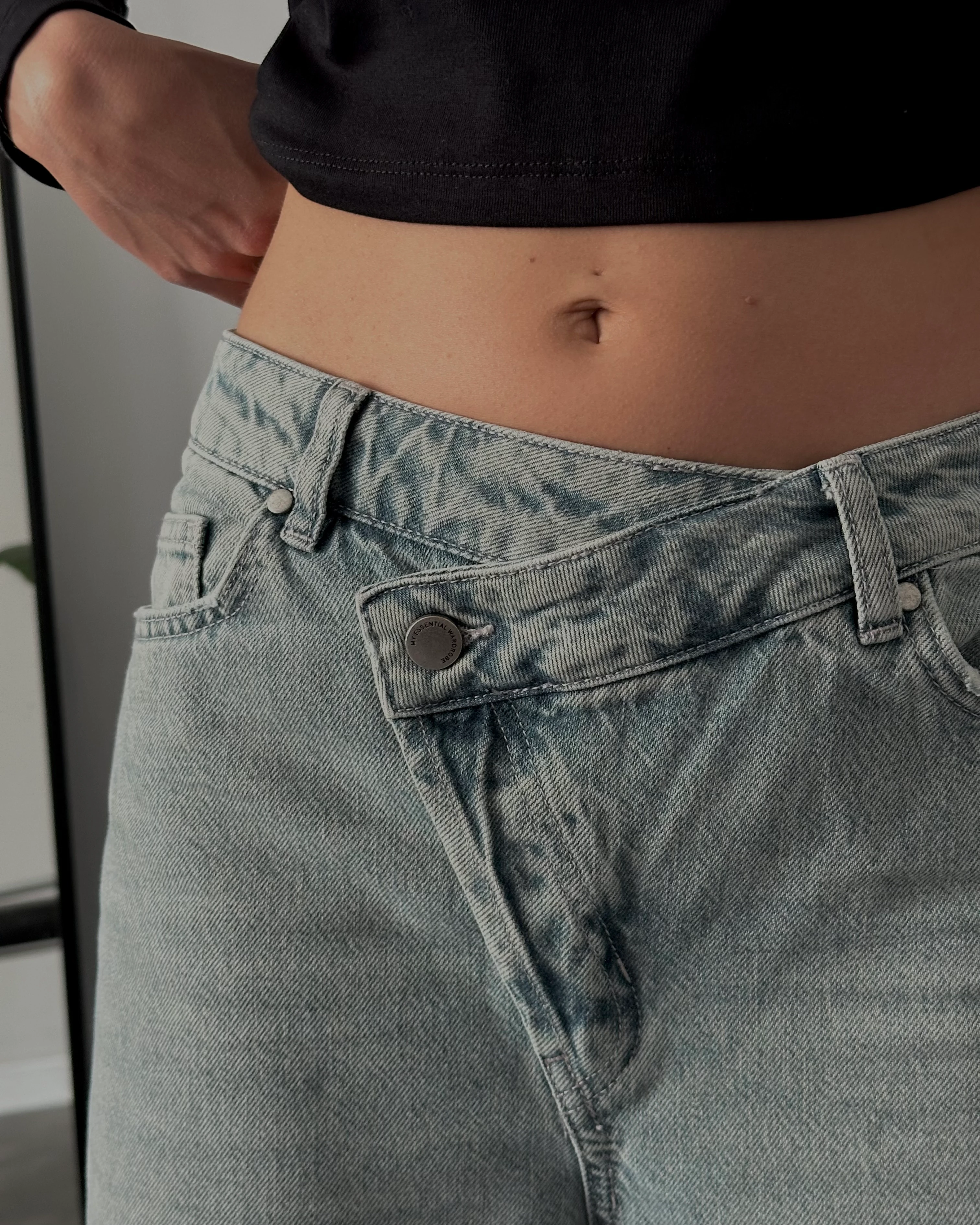 Orta Bel Açık Mavi Çapraz Düğmeli Wide Leg Flare Jean
