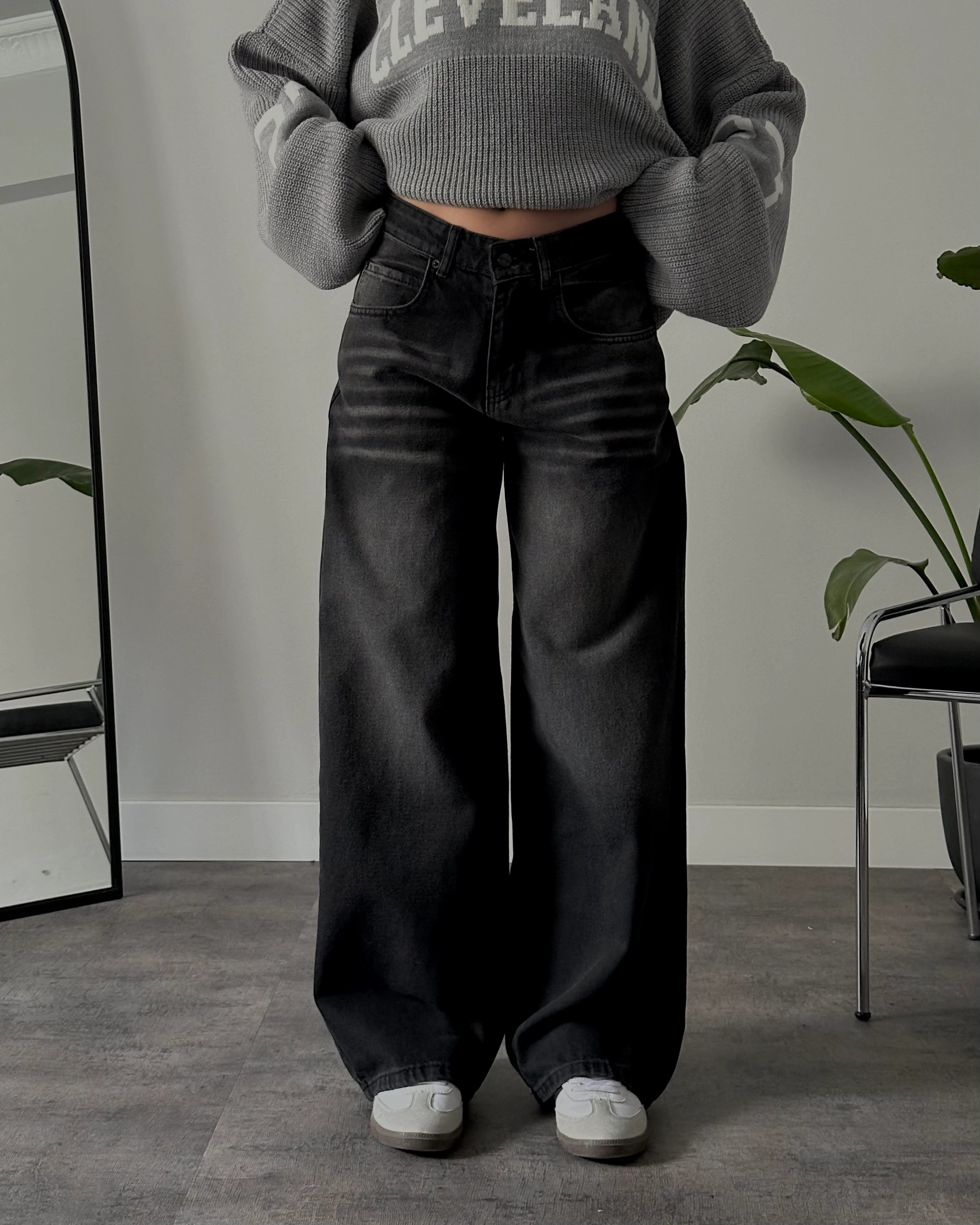 Unisex Yüksek Bel Kahverengi Yıkamalı Retro Baggy Jean