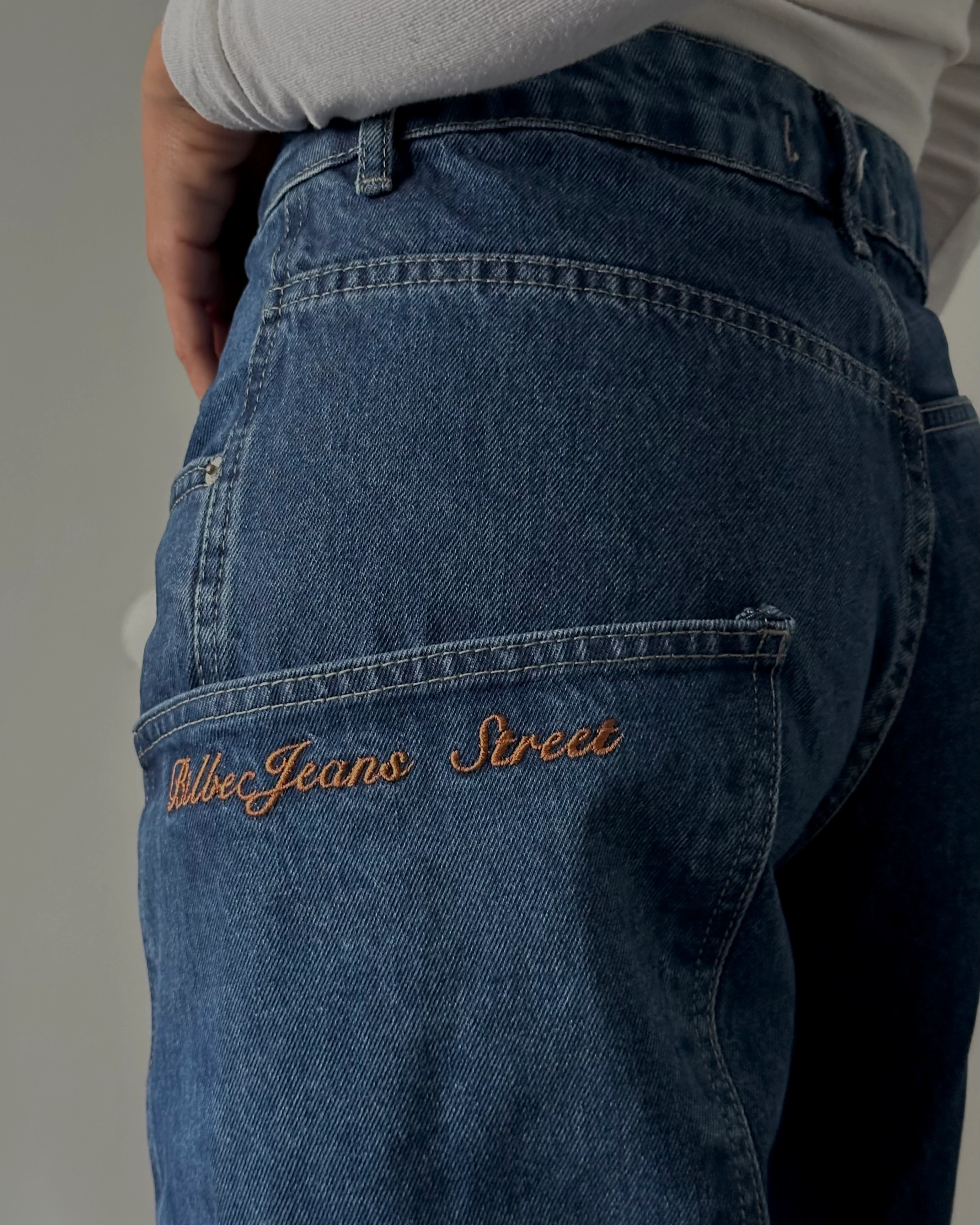 Yüksek Bel Mavi Kargo Detaylı Baggy Jean