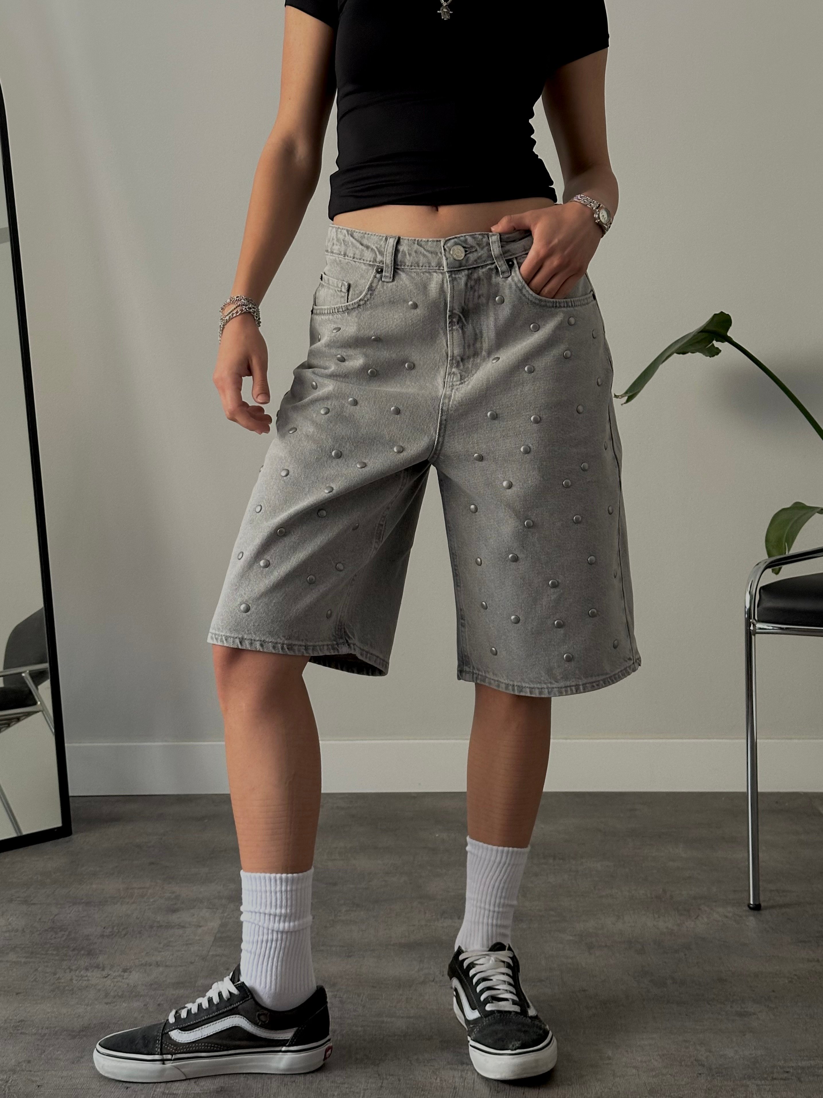 Relaxed Fit Zımbalı Jort Denim Bermuda - Gri Denim