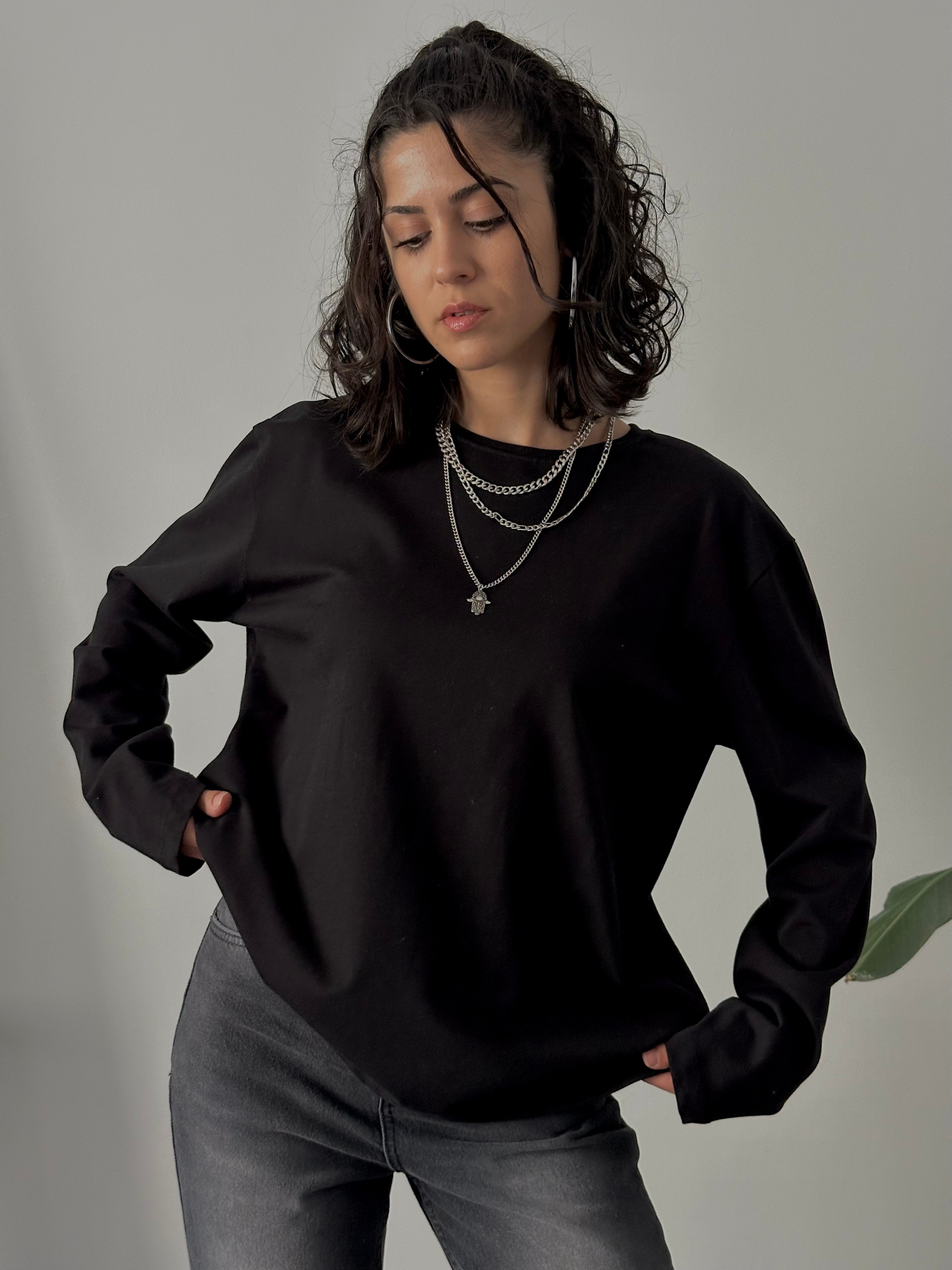 100% Cotton Oversize Basic Long Sleeve T-Shirt - Black