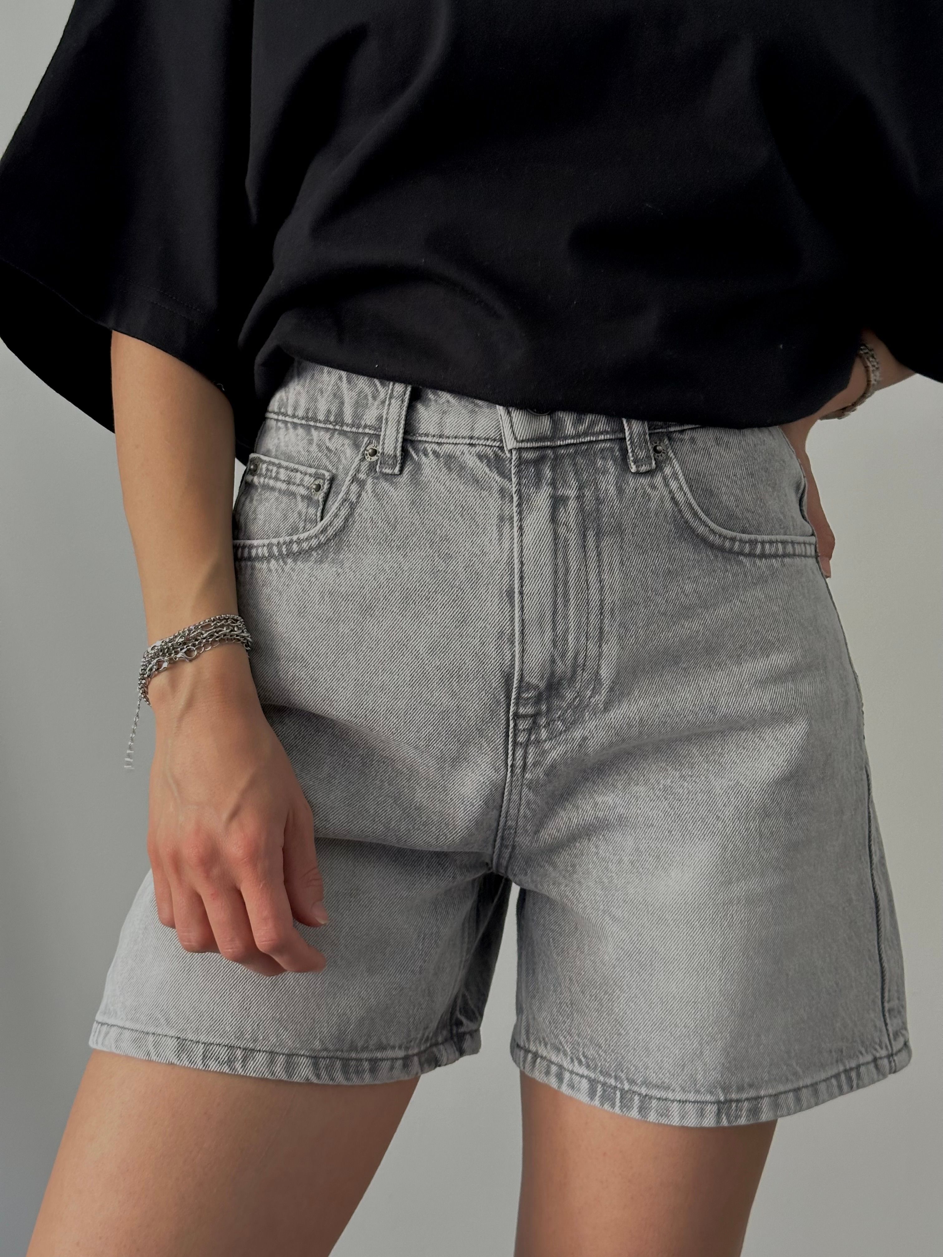 Yüksek Bel Mom Denim Şort - Gri Denim