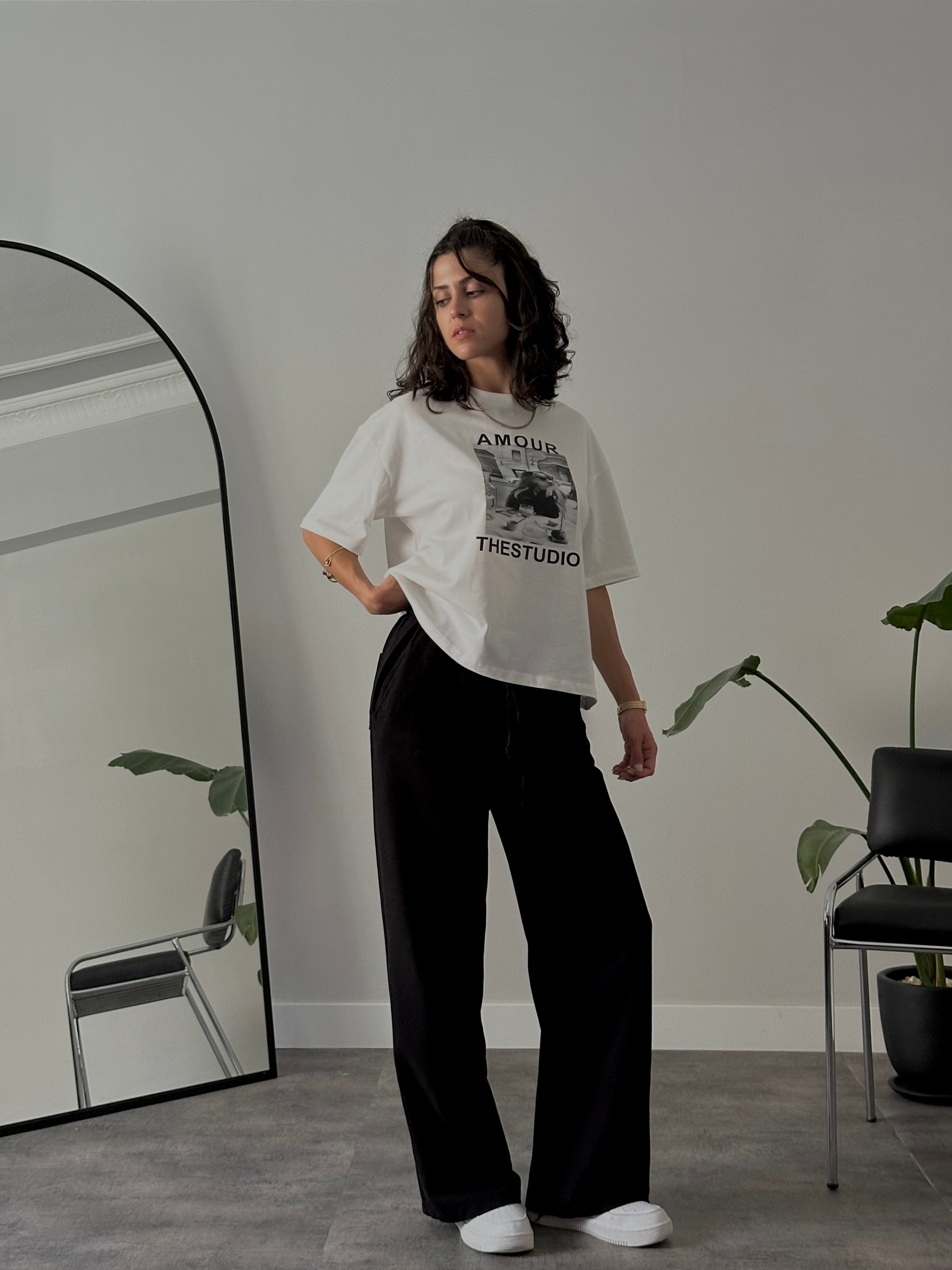 Yüksek Bel Bağcıklı Relaxed Keten Pantolon - Siyah