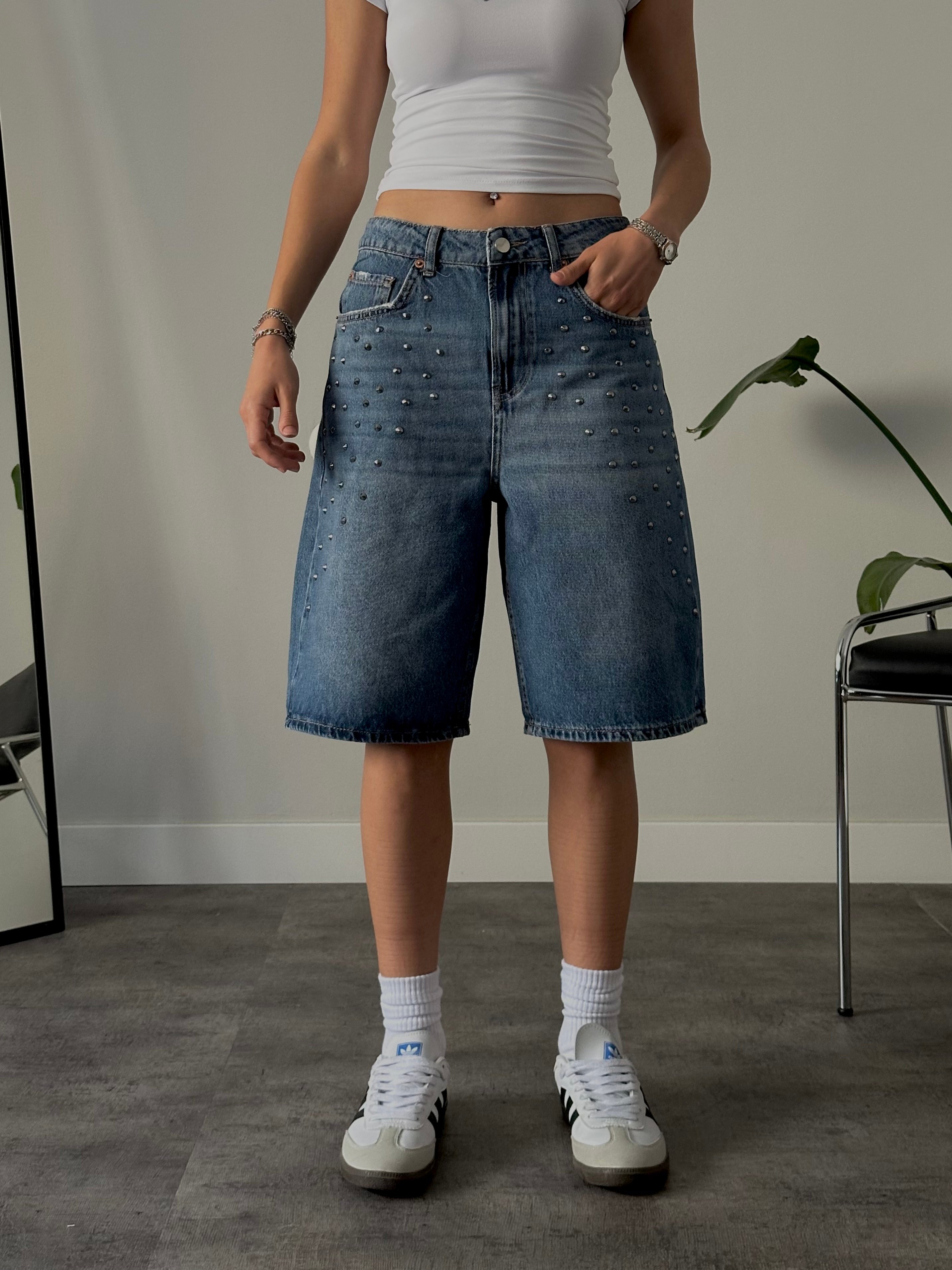 Zımba Detaylı Relaxed Fit Jort Denim Bermuda