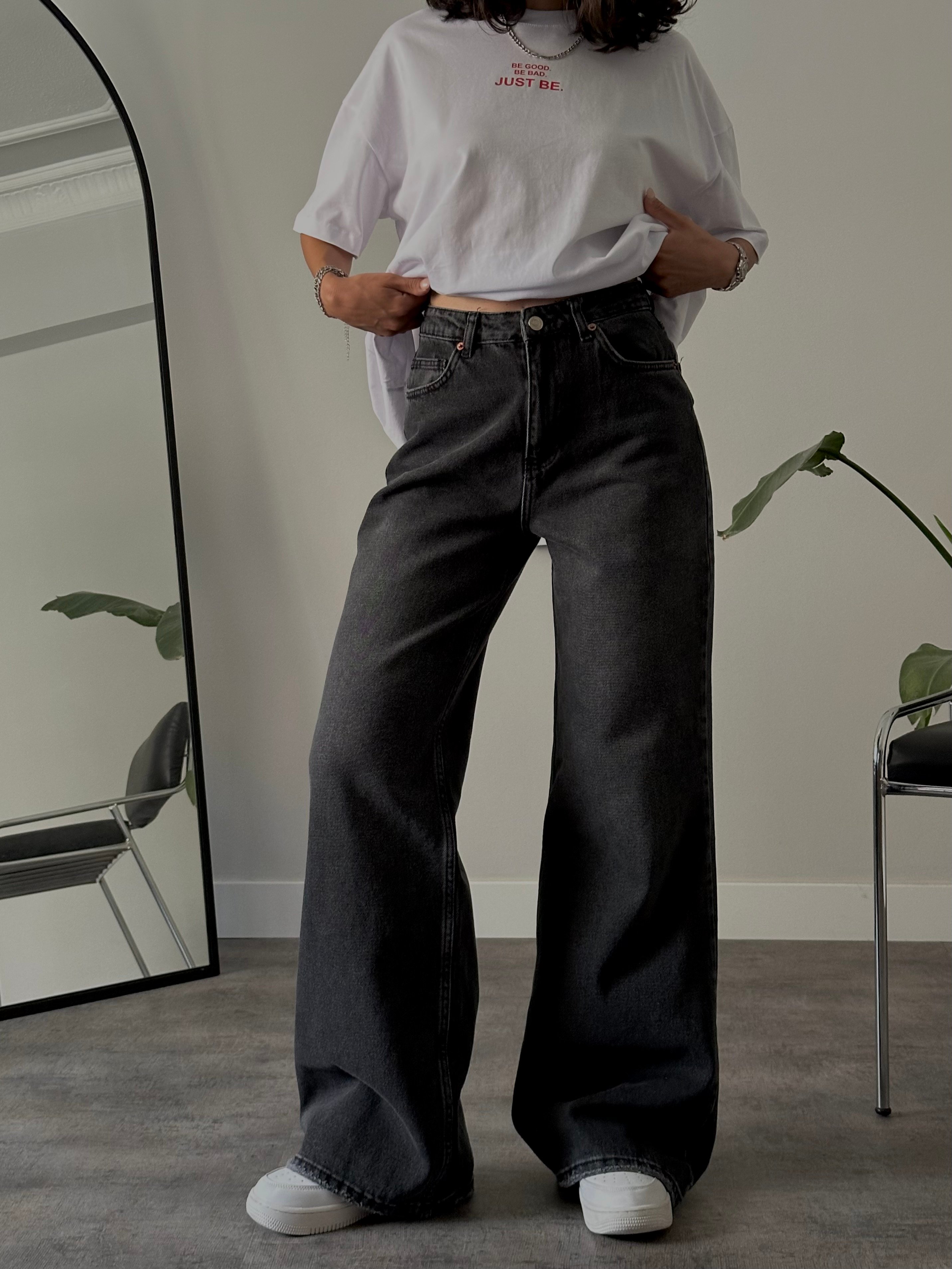 Yüksek Bel Wide Leg Yıkamalı Jean